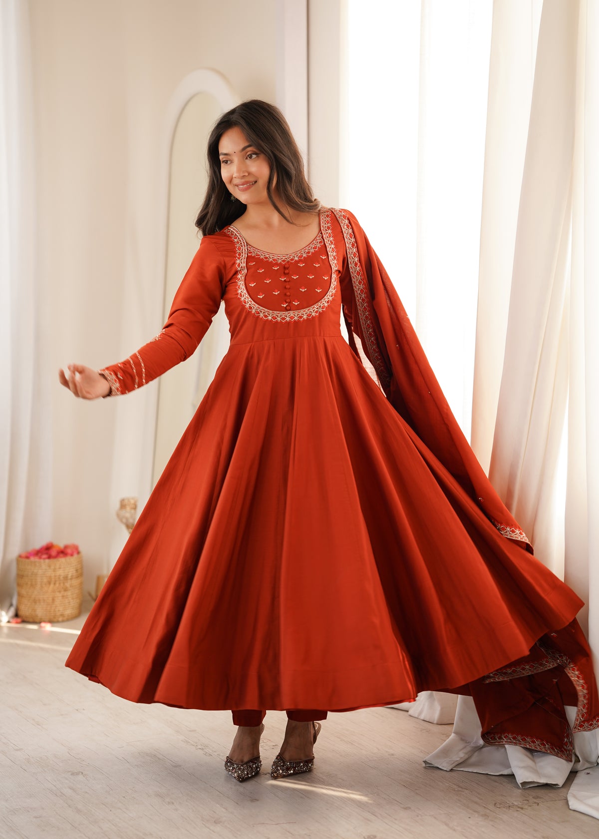 Rust Orange Elegance – Flared Anarkali with Embroidered Dupatta