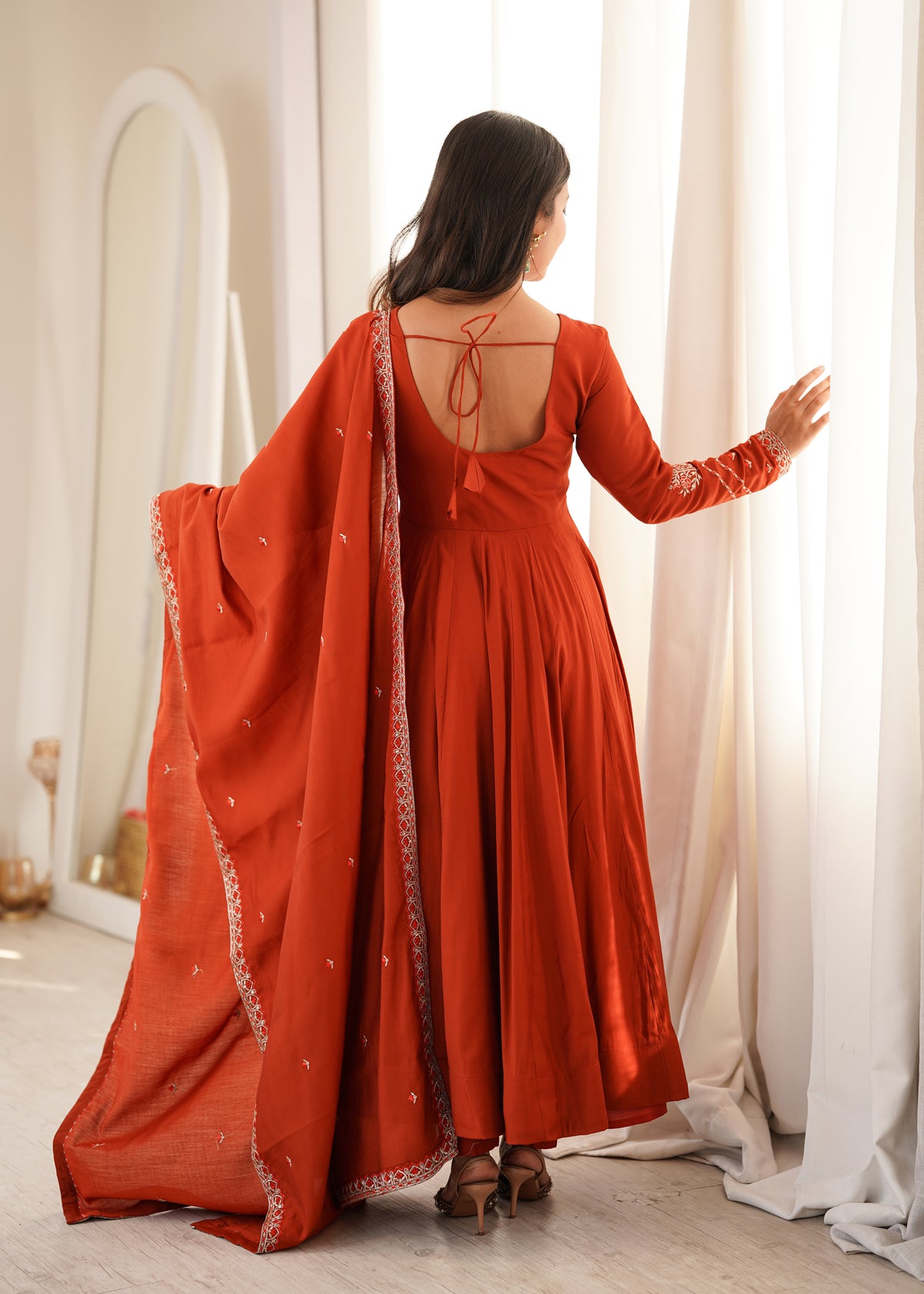 Rust Orange Elegance – Flared Anarkali with Embroidered Dupatta