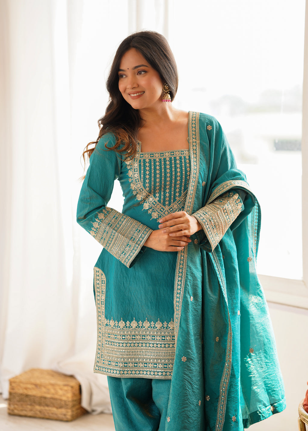 Regal Teal Blue Embroidered Kurta Pant Set with Intricate Gold Zari Neckline, Ornate Hem Borders, Embellished Pants & Matching Dupatta