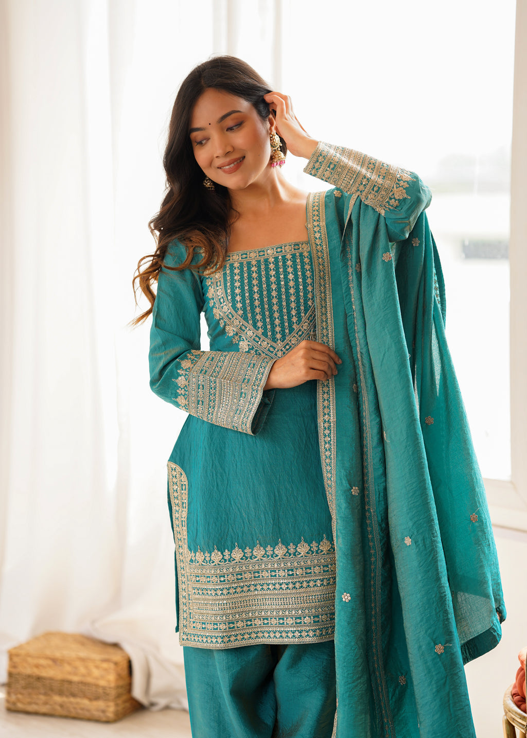 Regal Teal Blue Embroidered Kurta Pant Set with Intricate Gold Zari Neckline, Ornate Hem Borders, Embellished Pants & Matching Dupatta