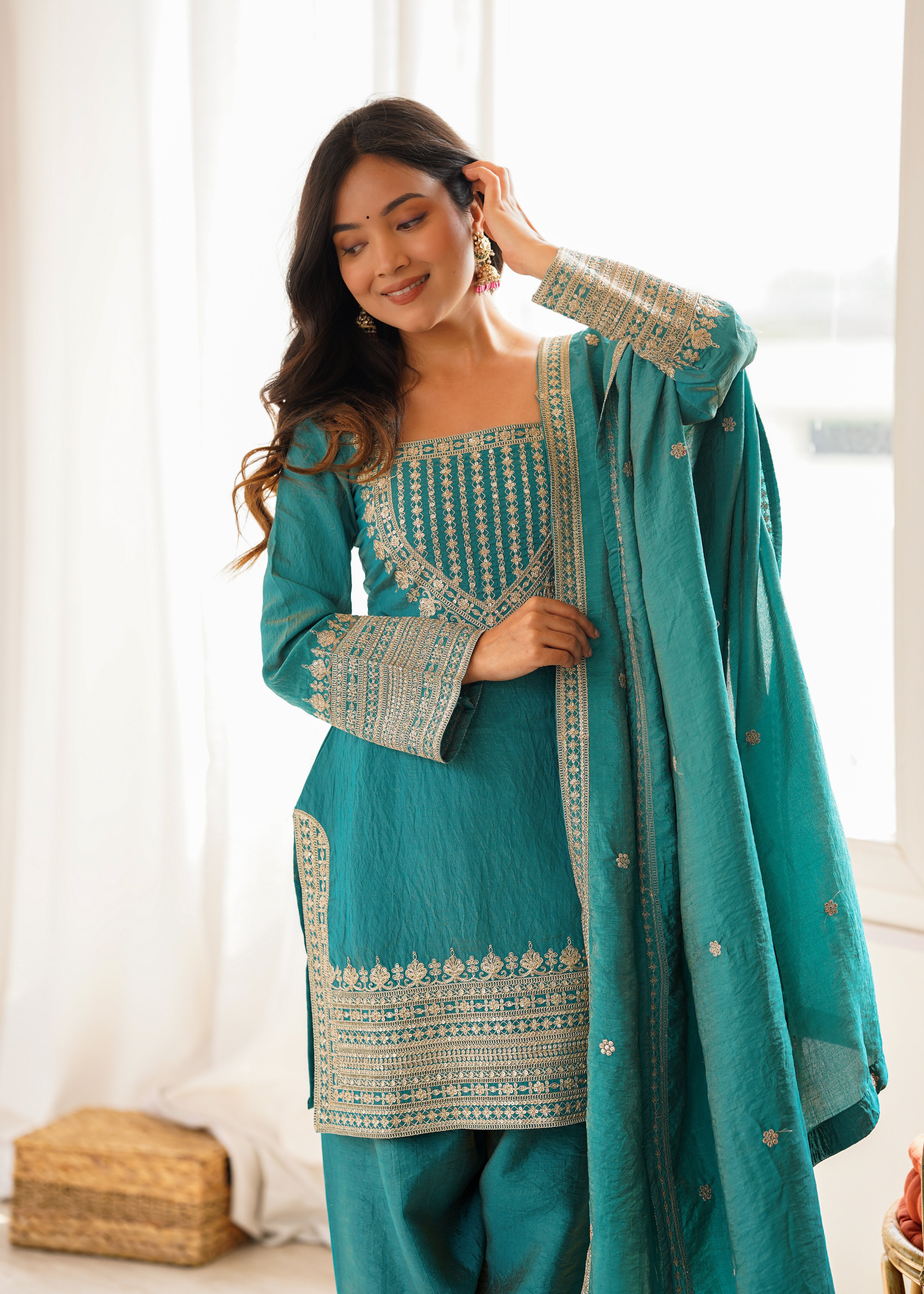 Regal Teal Blue Embroidered Kurta Pant Set with Intricate Gold Zari Neckline, Ornate Hem Borders, Embellished Pants & Matching Dupatta