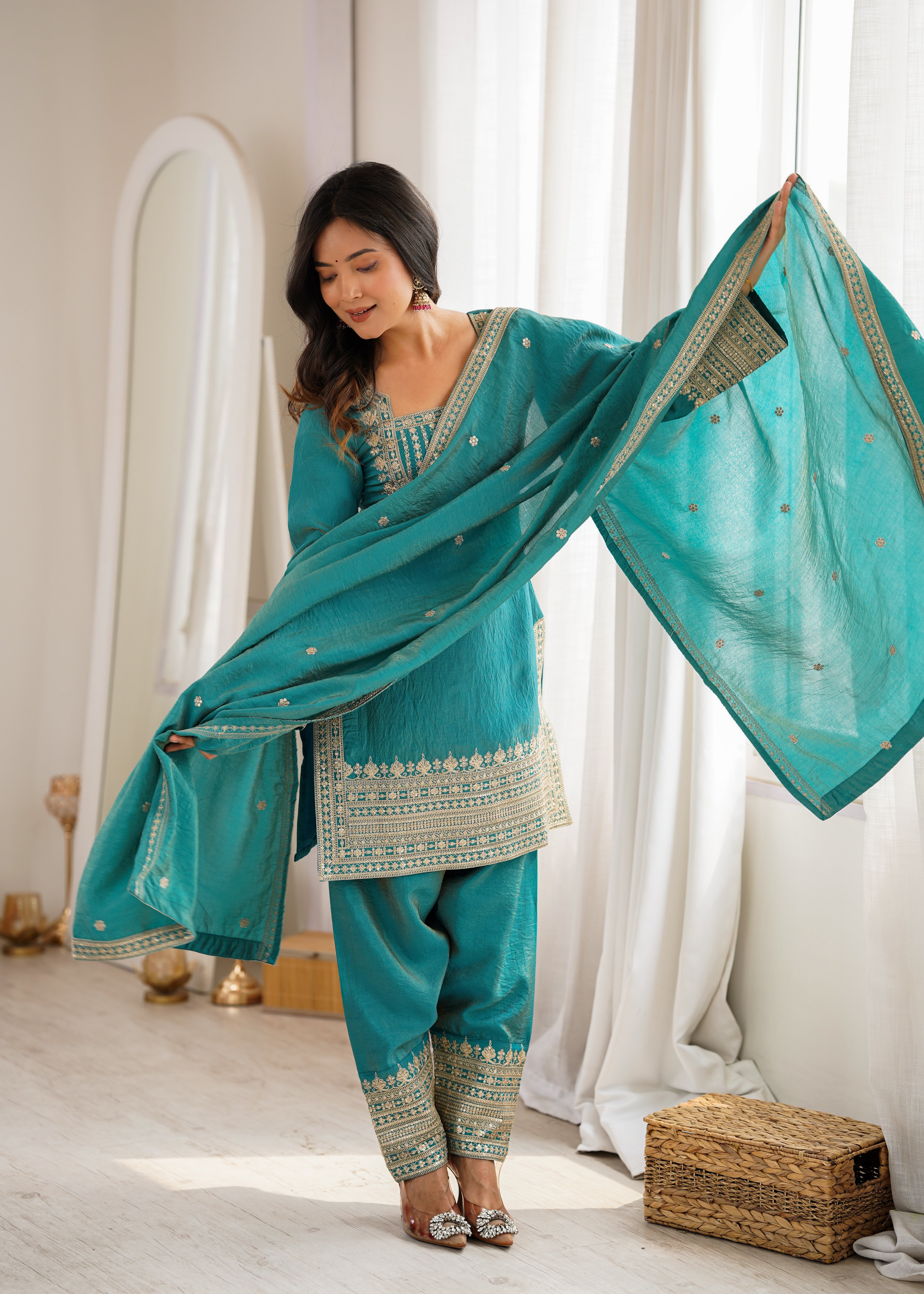 Regal Teal Blue Embroidered Kurta Pant Set with Intricate Gold Zari Neckline, Ornate Hem Borders, Embellished Pants & Matching Dupatta