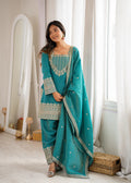 Regal Teal Blue Embroidered Kurta Pant Set with Intricate Gold Zari Neckline, Ornate Hem Borders, Embellished Pants & Matching Dupatta