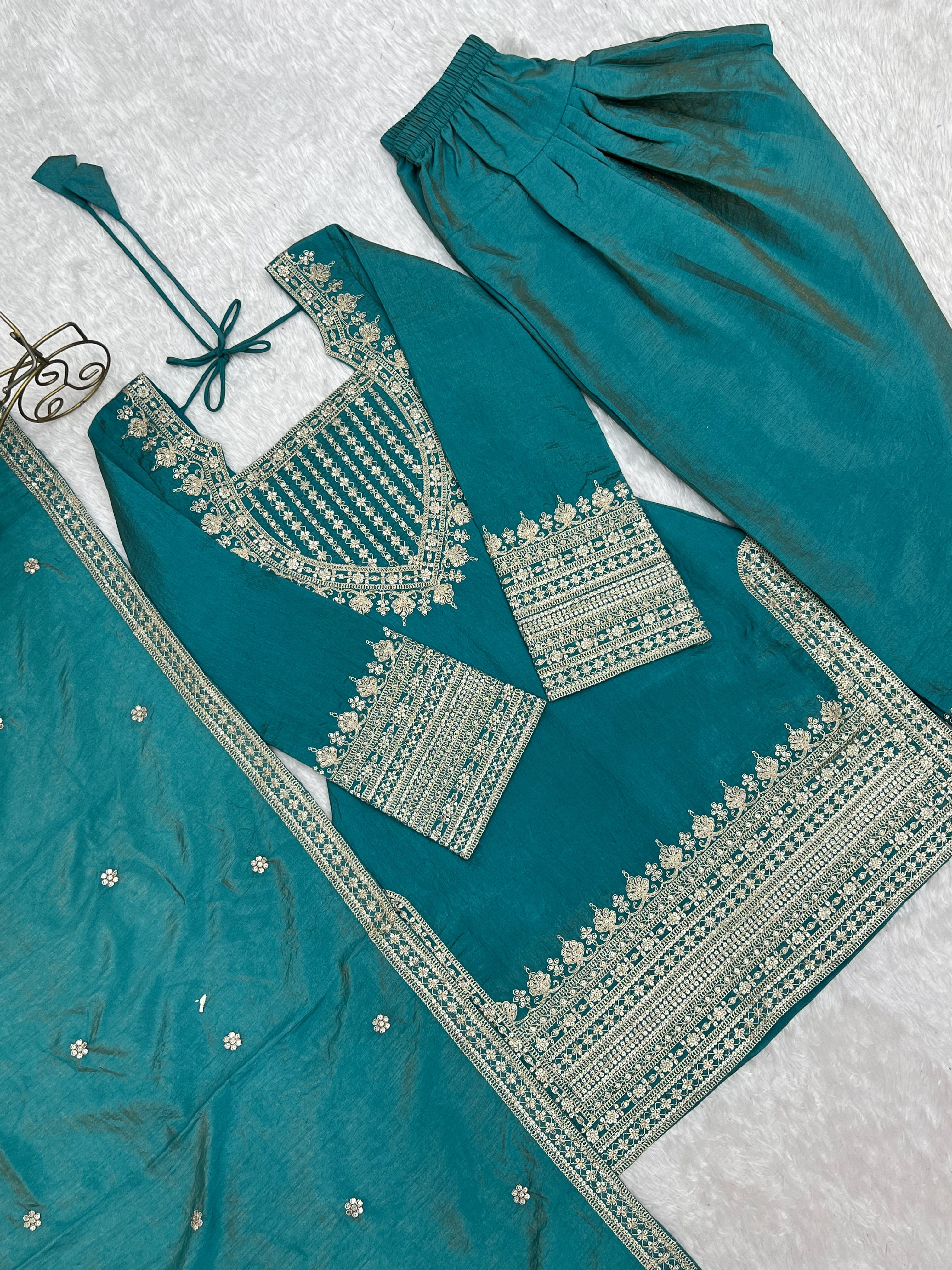 Regal Teal Blue Embroidered Kurta Pant Set with Intricate Gold Zari Neckline, Ornate Hem Borders, Embellished Pants & Matching Dupatta