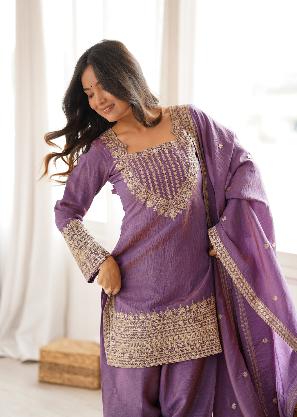 Royal Lavender Purple Embroidered Kurta Pant Set with Intricate Gold Zari Work, Ornate Neckline, Detailed Cuffs & Matching Dupatta