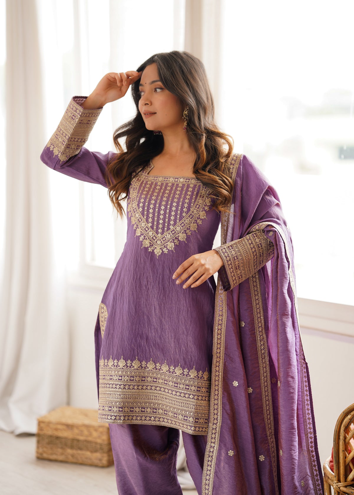 Royal Lavender Purple Embroidered Kurta Pant Set with Intricate Gold Zari Work, Ornate Neckline, Detailed Cuffs & Matching Dupatta