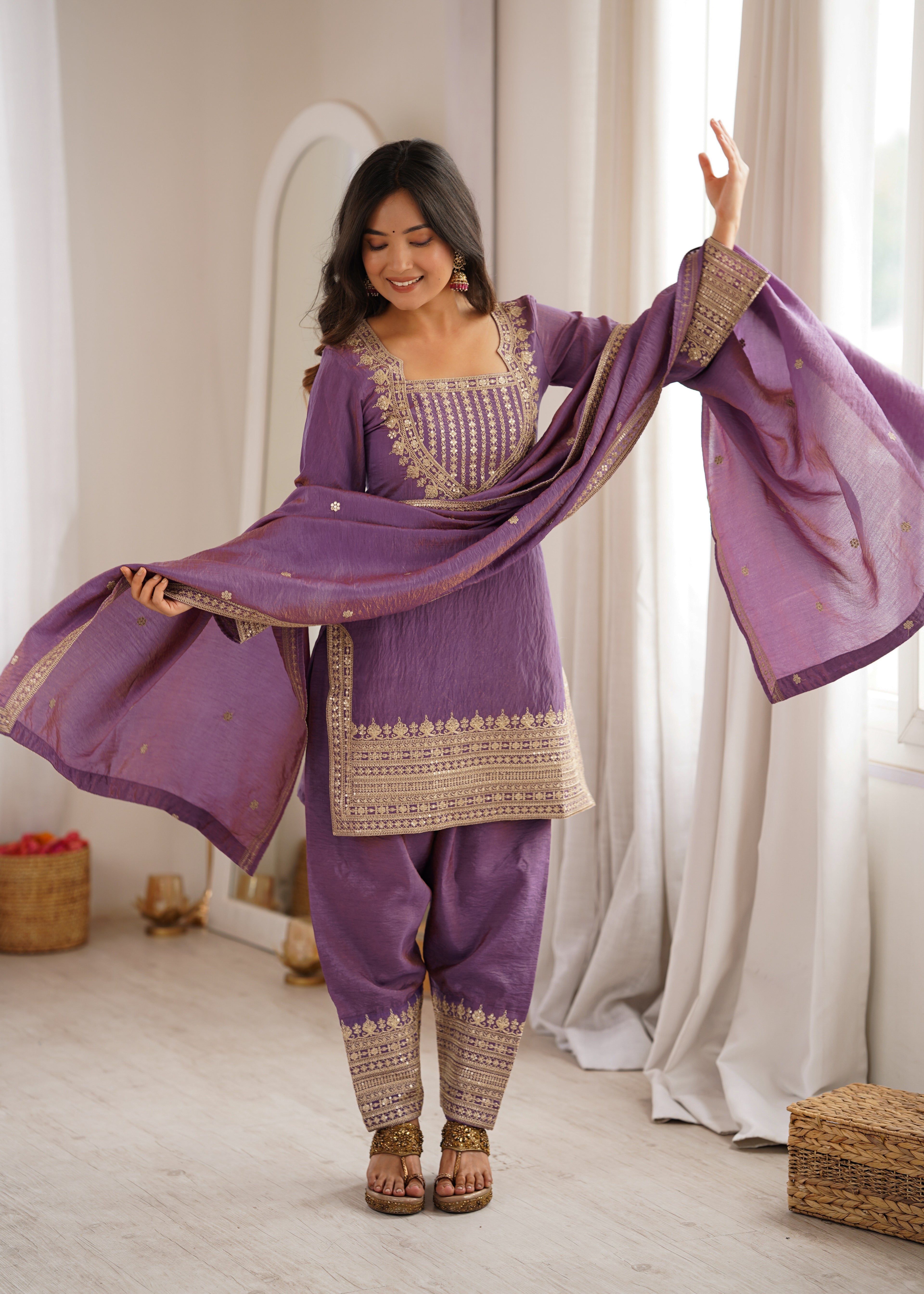 Royal Lavender Purple Embroidered Kurta Pant Set with Intricate Gold Zari Work, Ornate Neckline, Detailed Cuffs & Matching Dupatta