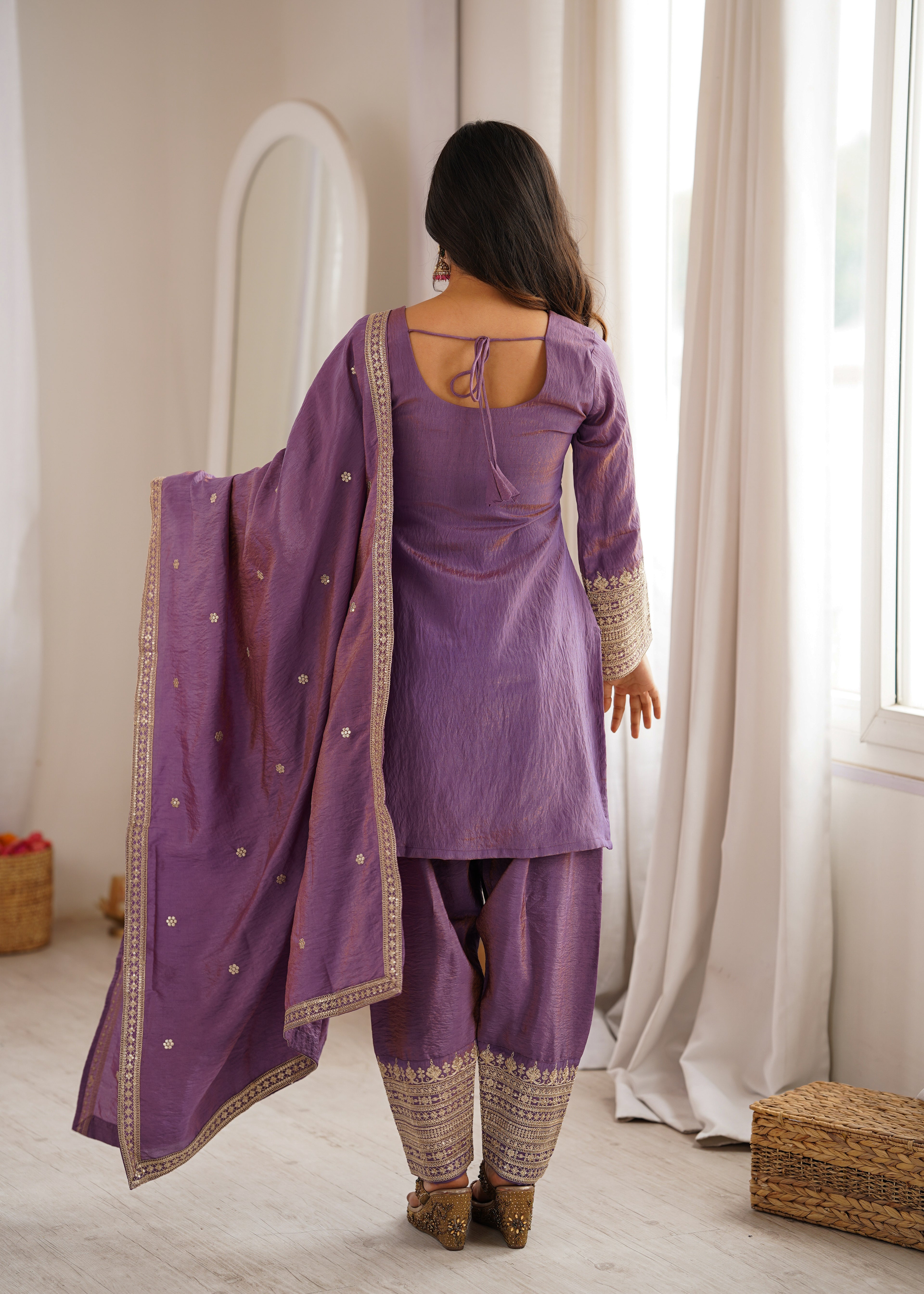 Royal Lavender Purple Embroidered Kurta Pant Set with Intricate Gold Zari Work, Ornate Neckline, Detailed Cuffs & Matching Dupatta