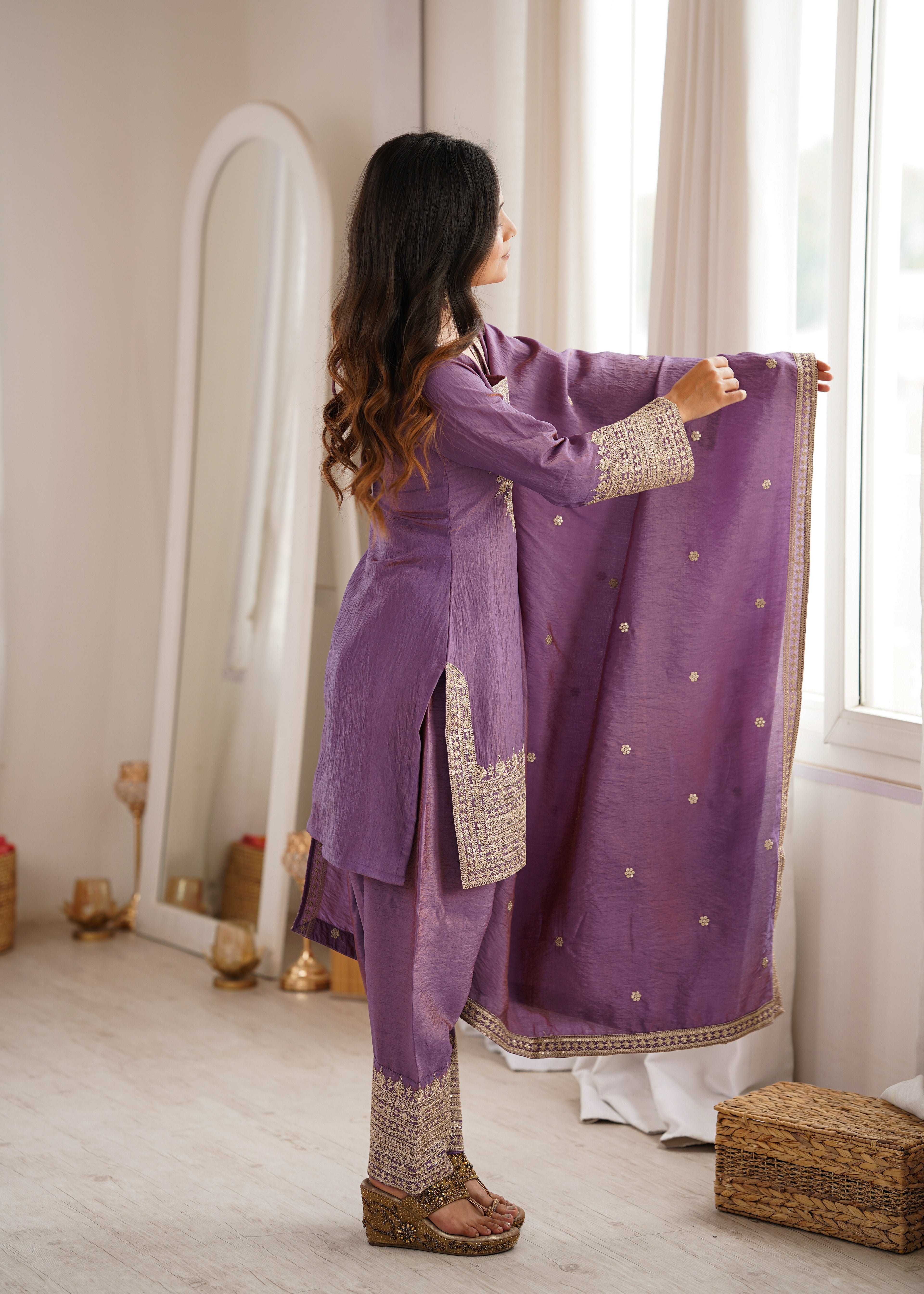 Royal Lavender Purple Embroidered Kurta Pant Set with Intricate Gold Zari Work, Ornate Neckline, Detailed Cuffs & Matching Dupatta
