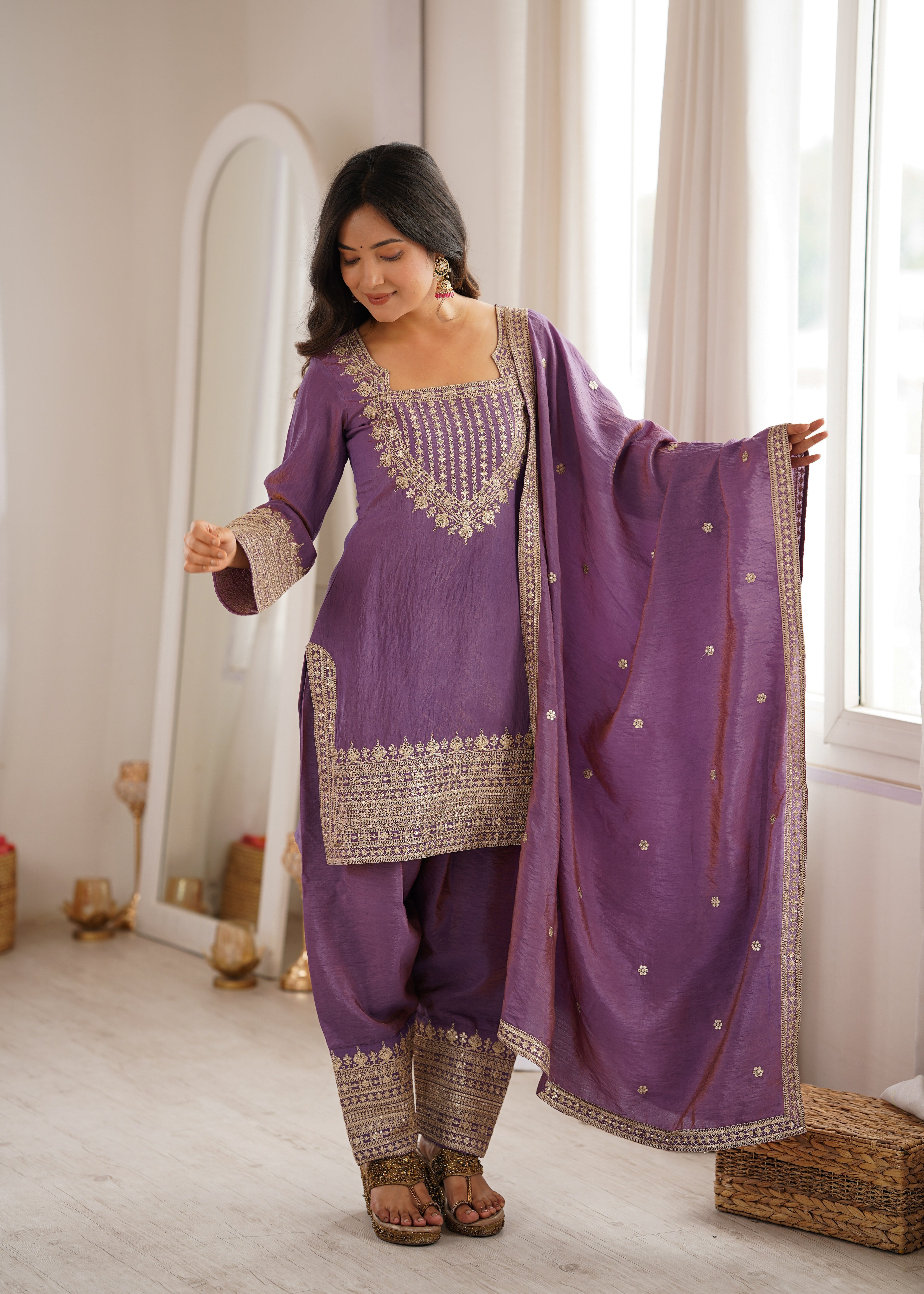 Royal Lavender Purple Embroidered Kurta Pant Set with Intricate Gold Zari Work, Ornate Neckline, Detailed Cuffs & Matching Dupatta