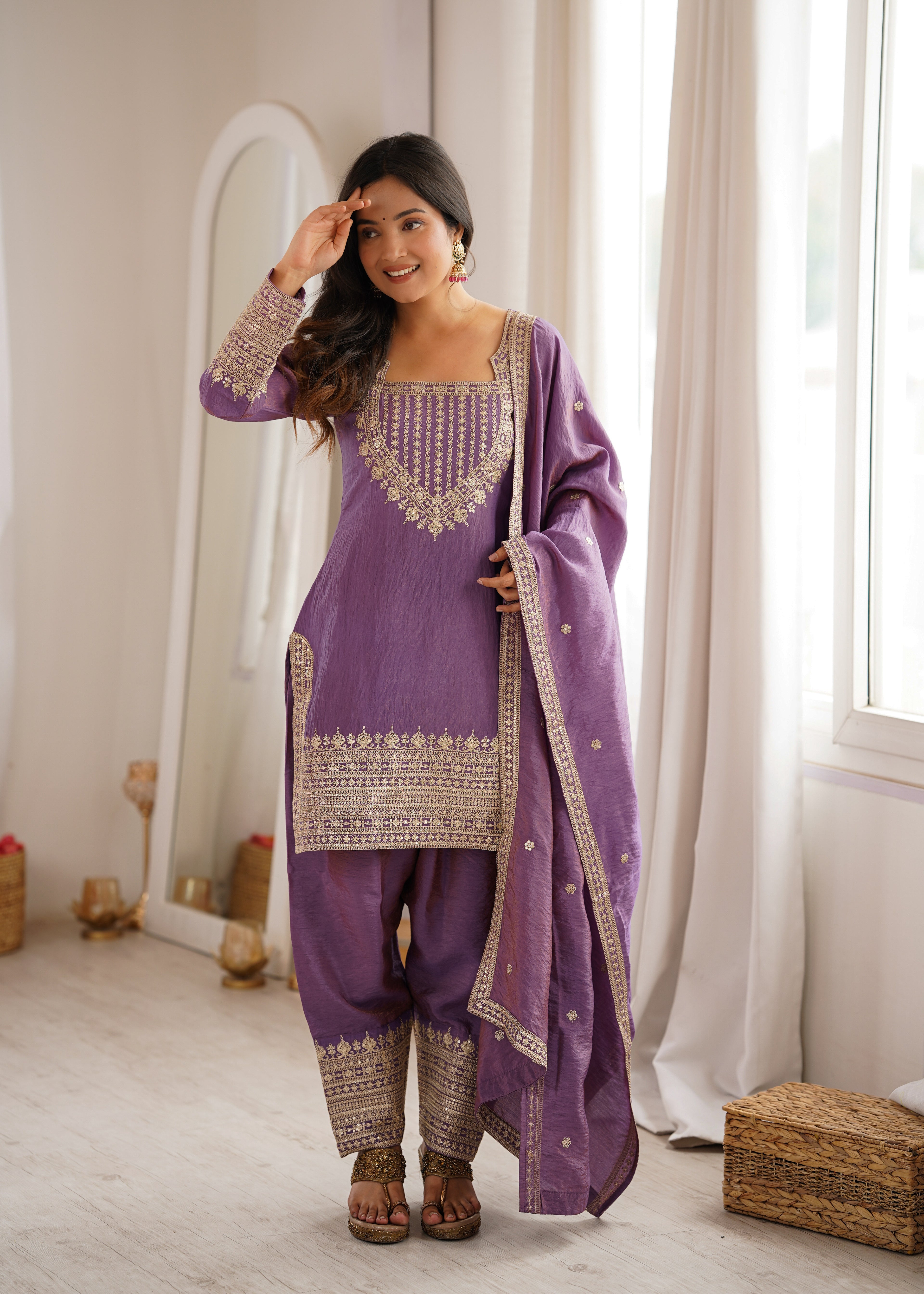 Royal Lavender Purple Embroidered Kurta Pant Set with Intricate Gold Zari Work, Ornate Neckline, Detailed Cuffs & Matching Dupatta