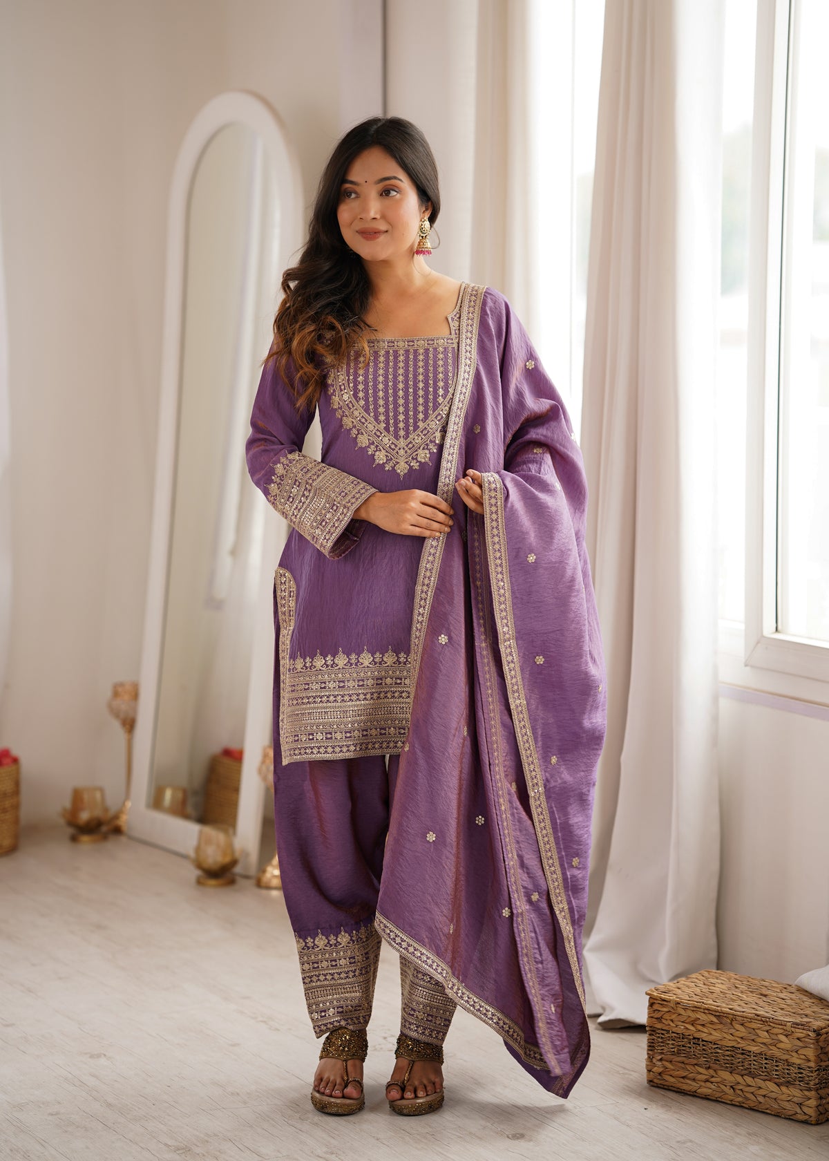 Royal Lavender Purple Embroidered Kurta Pant Set with Intricate Gold Zari Work, Ornate Neckline, Detailed Cuffs & Matching Dupatta