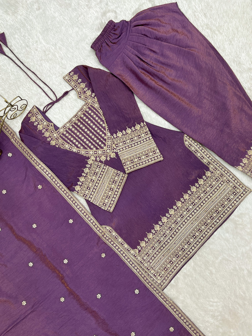 Royal Lavender Purple Embroidered Kurta Pant Set with Intricate Gold Zari Work, Ornate Neckline, Detailed Cuffs & Matching Dupatta