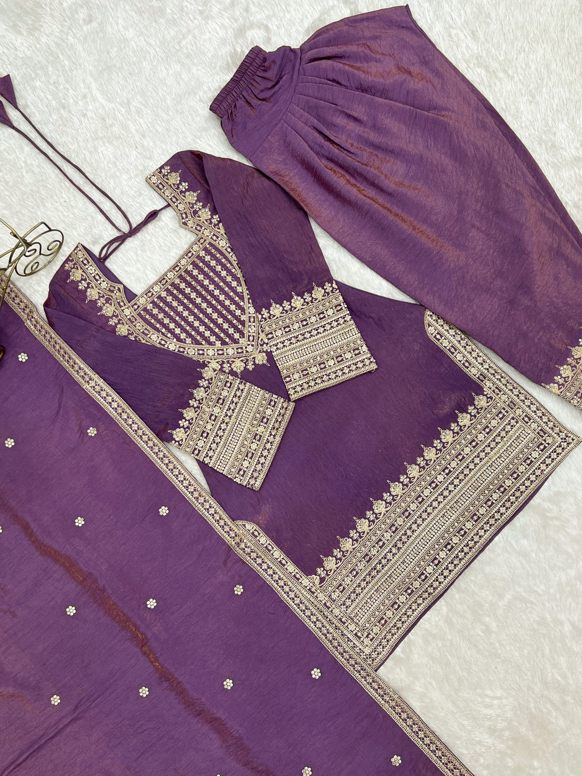 Royal Lavender Purple Embroidered Kurta Pant Set with Intricate Gold Zari Work, Ornate Neckline, Detailed Cuffs & Matching Dupatta
