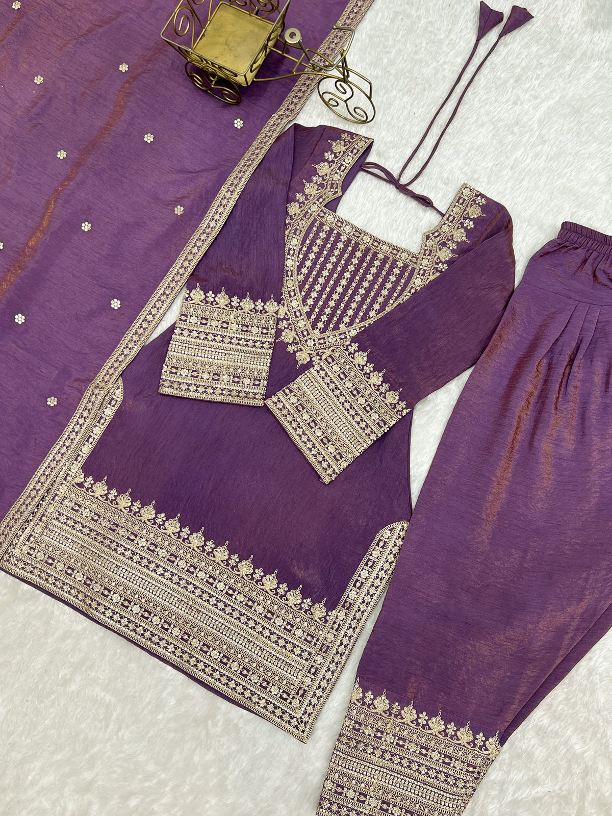 Royal Lavender Purple Embroidered Kurta Pant Set with Intricate Gold Zari Work, Ornate Neckline, Detailed Cuffs & Matching Dupatta