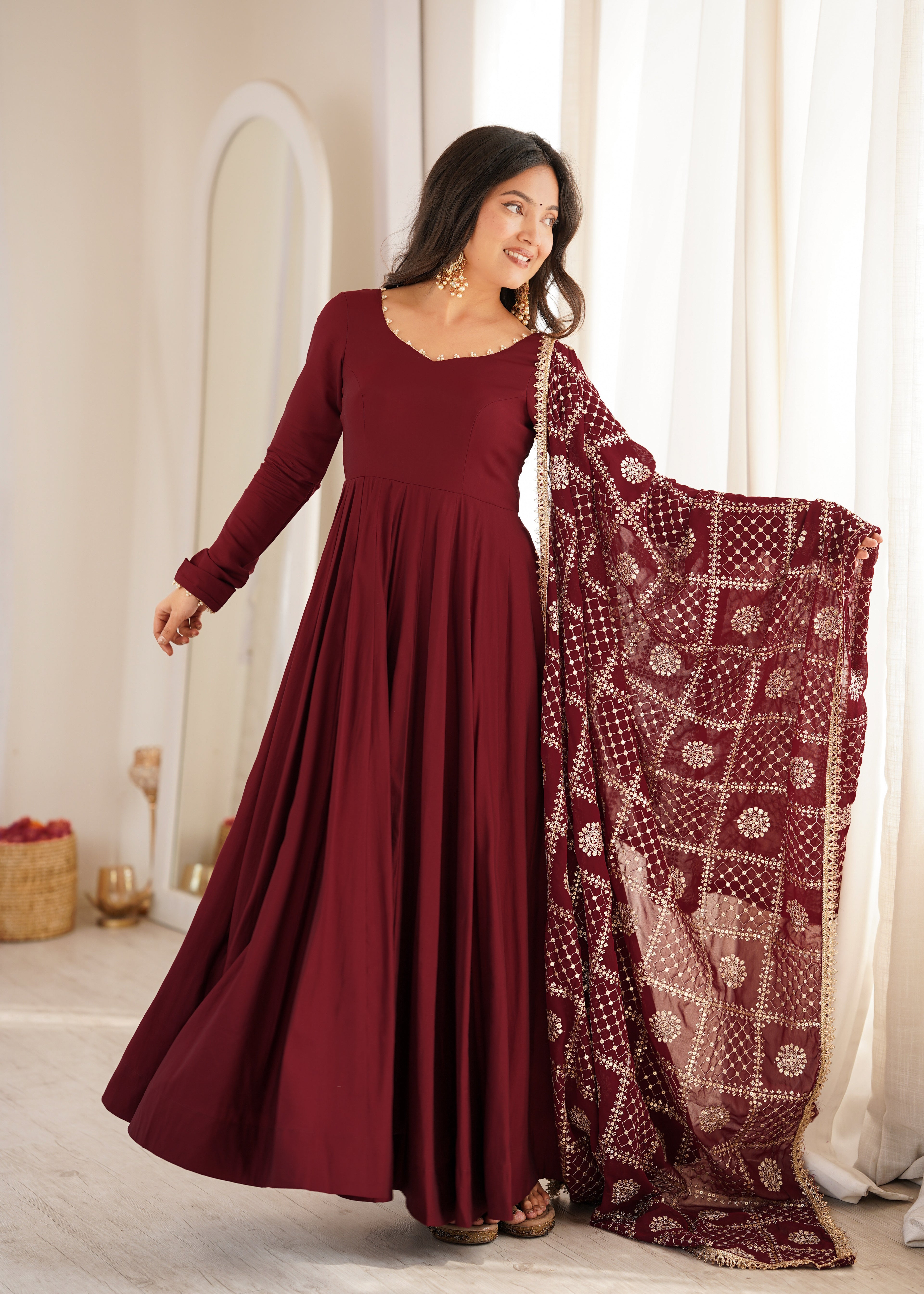 Royal Wine Anarkali Gown with Heavy Embroidered Dupatta