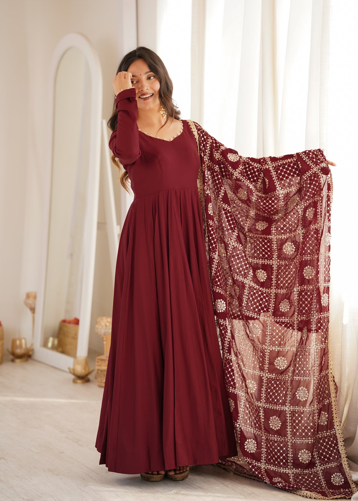 Royal Wine Anarkali Gown with Heavy Embroidered Dupatta
