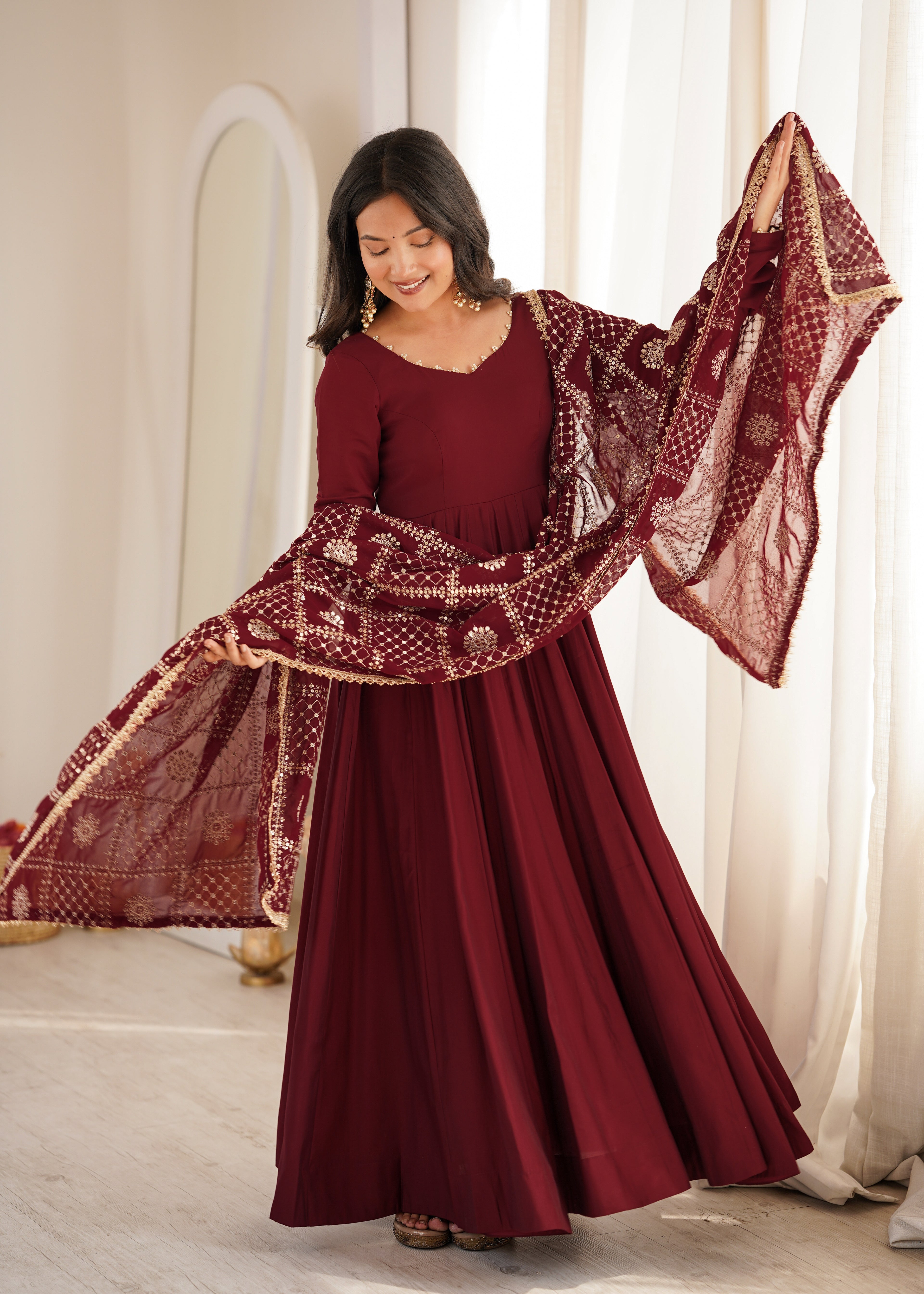 Royal Wine Anarkali Gown with Heavy Embroidered Dupatta