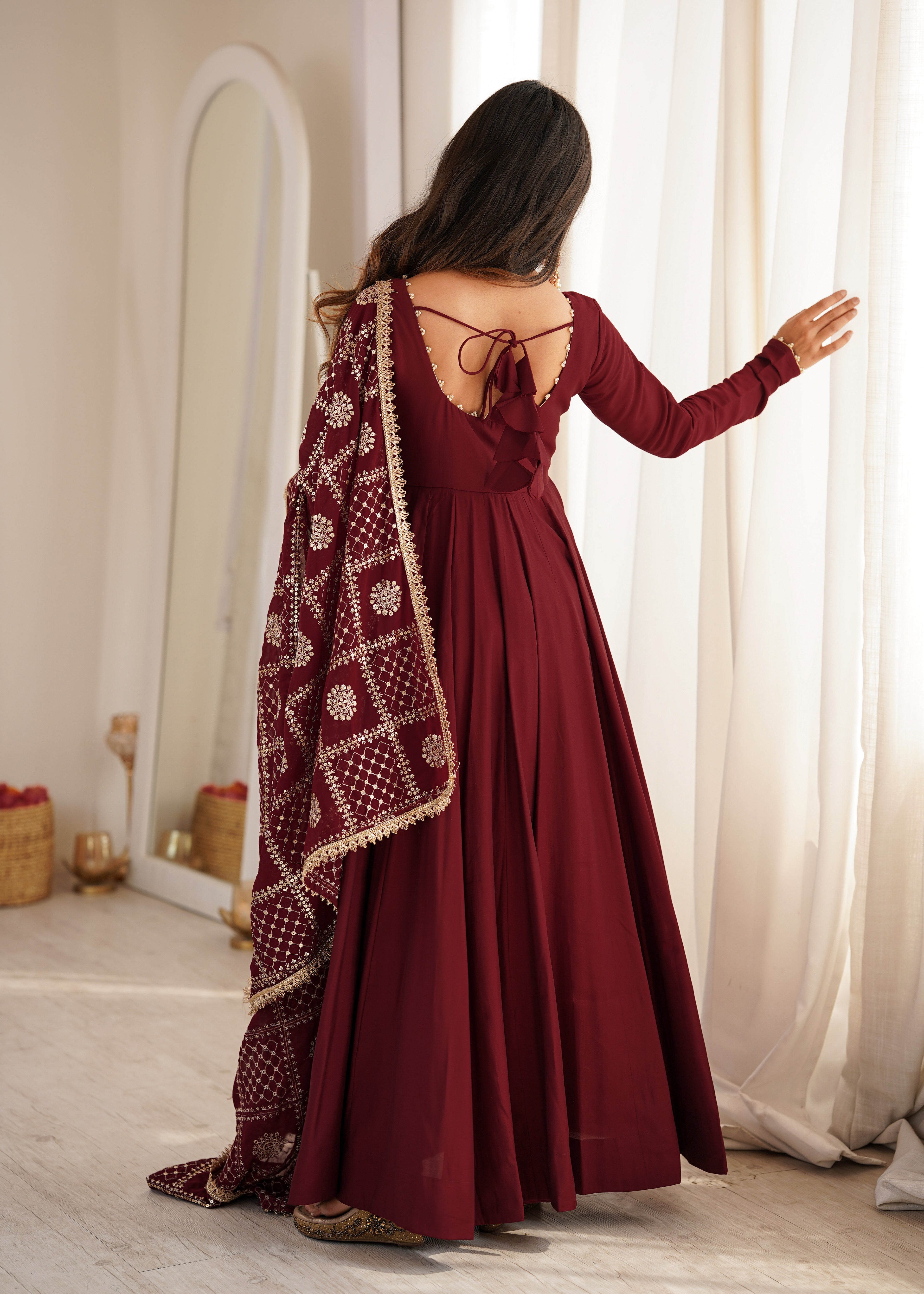 Royal Wine Anarkali Gown with Heavy Embroidered Dupatta