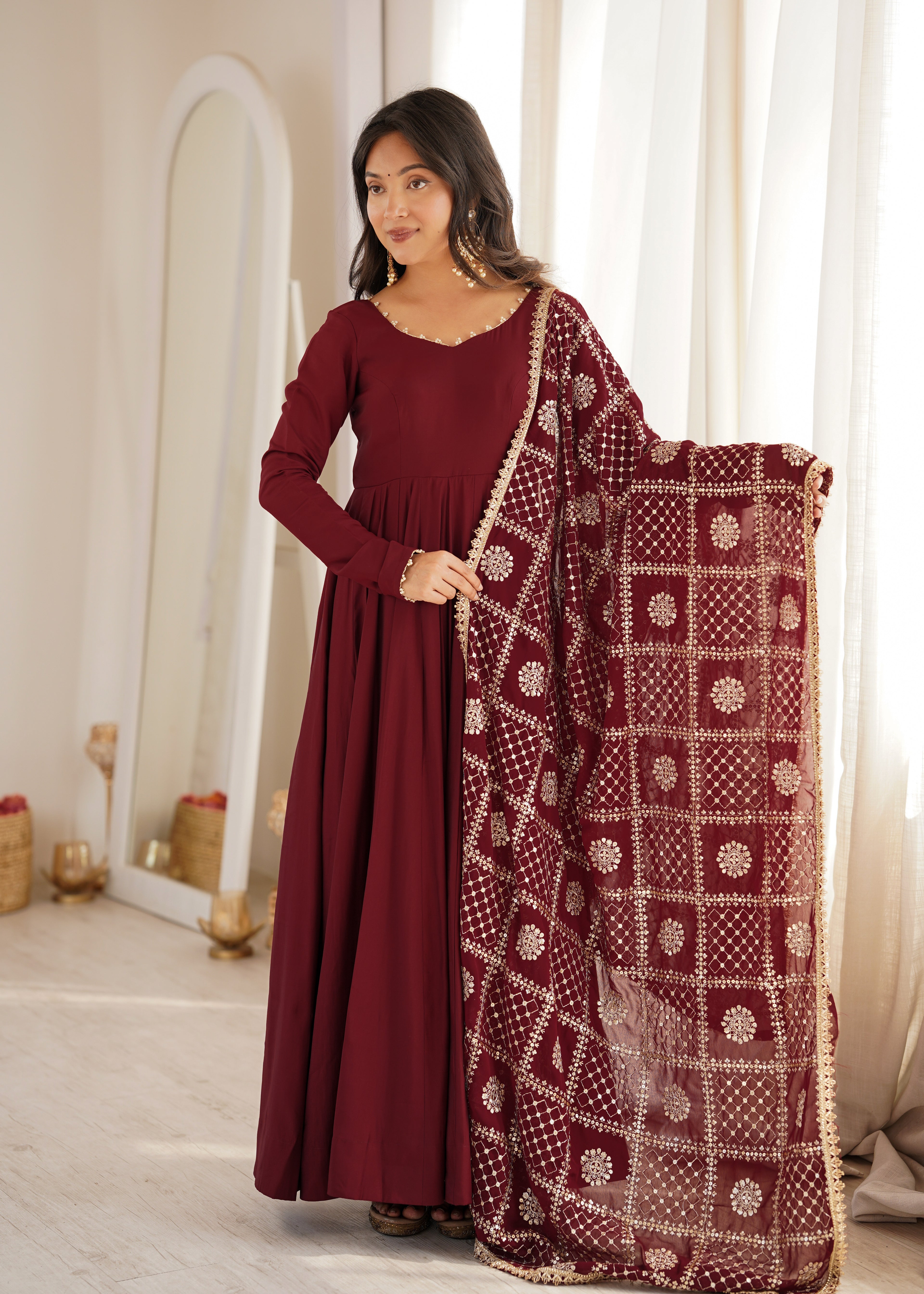 Royal Wine Anarkali Gown with Heavy Embroidered Dupatta