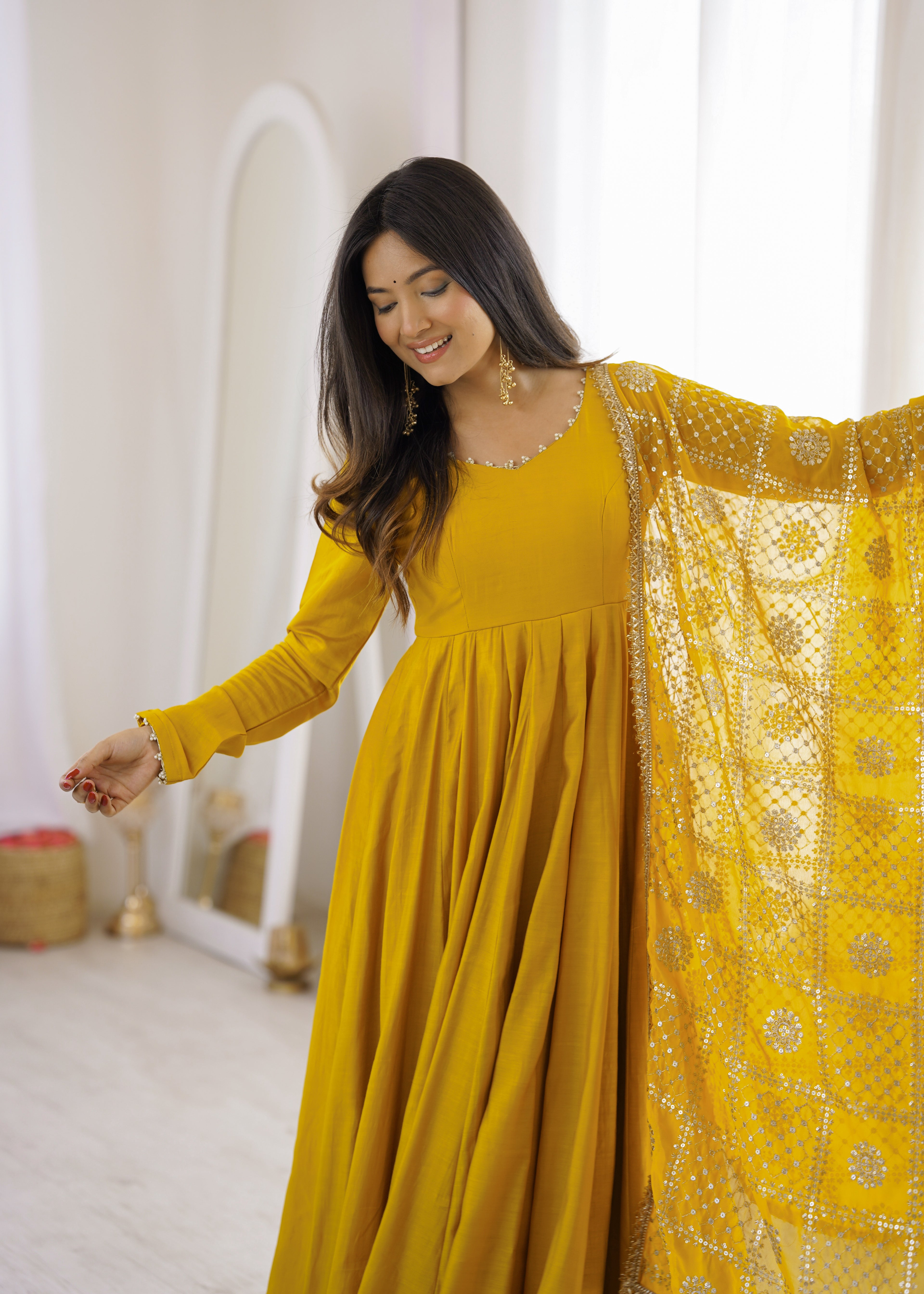 Golden Mustard Floor-Length Anarkali with Flowing Pleated Flair, Embellished Neckline & Statement Dupatta