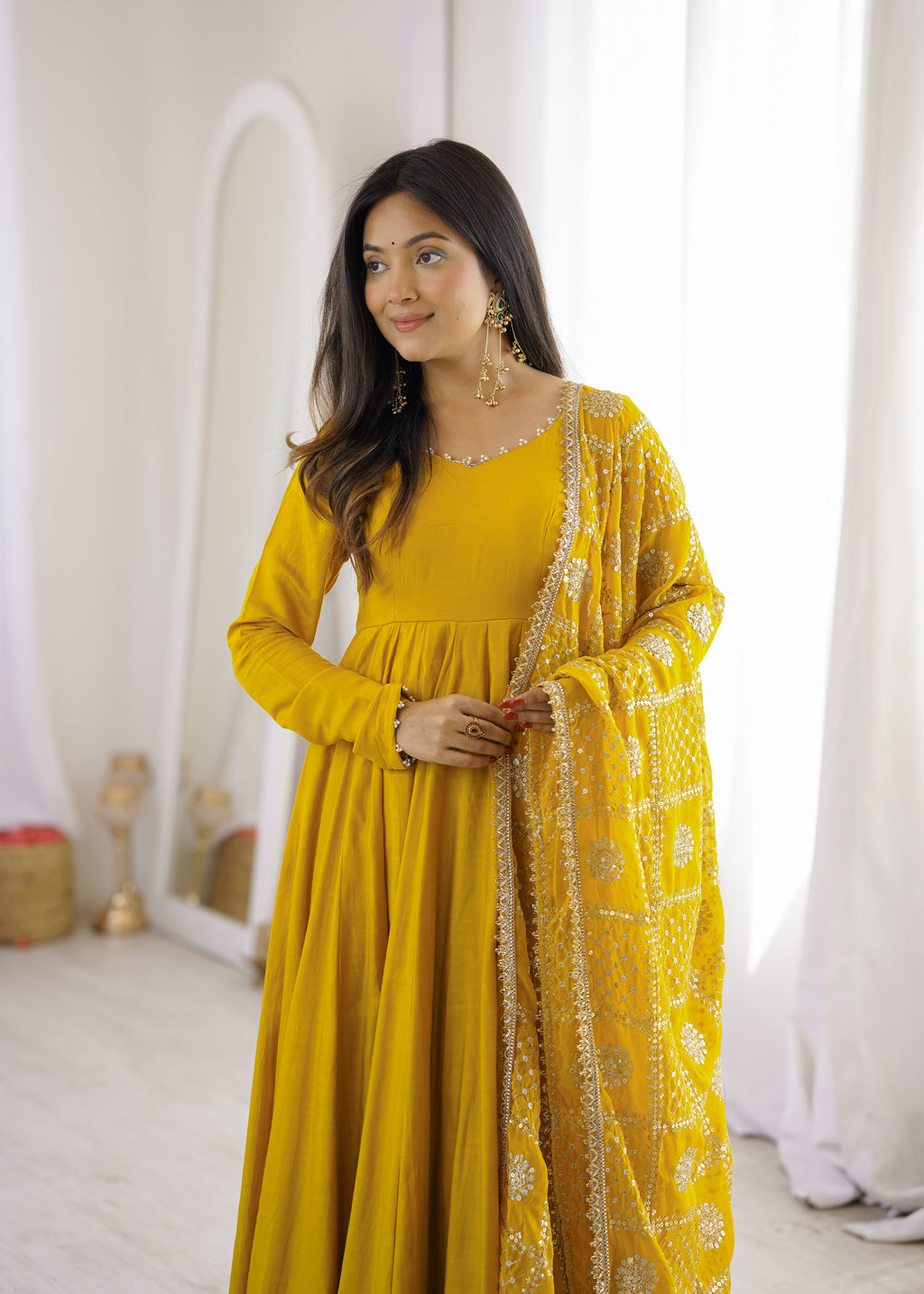 Golden Mustard Floor-Length Anarkali with Flowing Pleated Flair, Embellished Neckline & Statement Dupatta