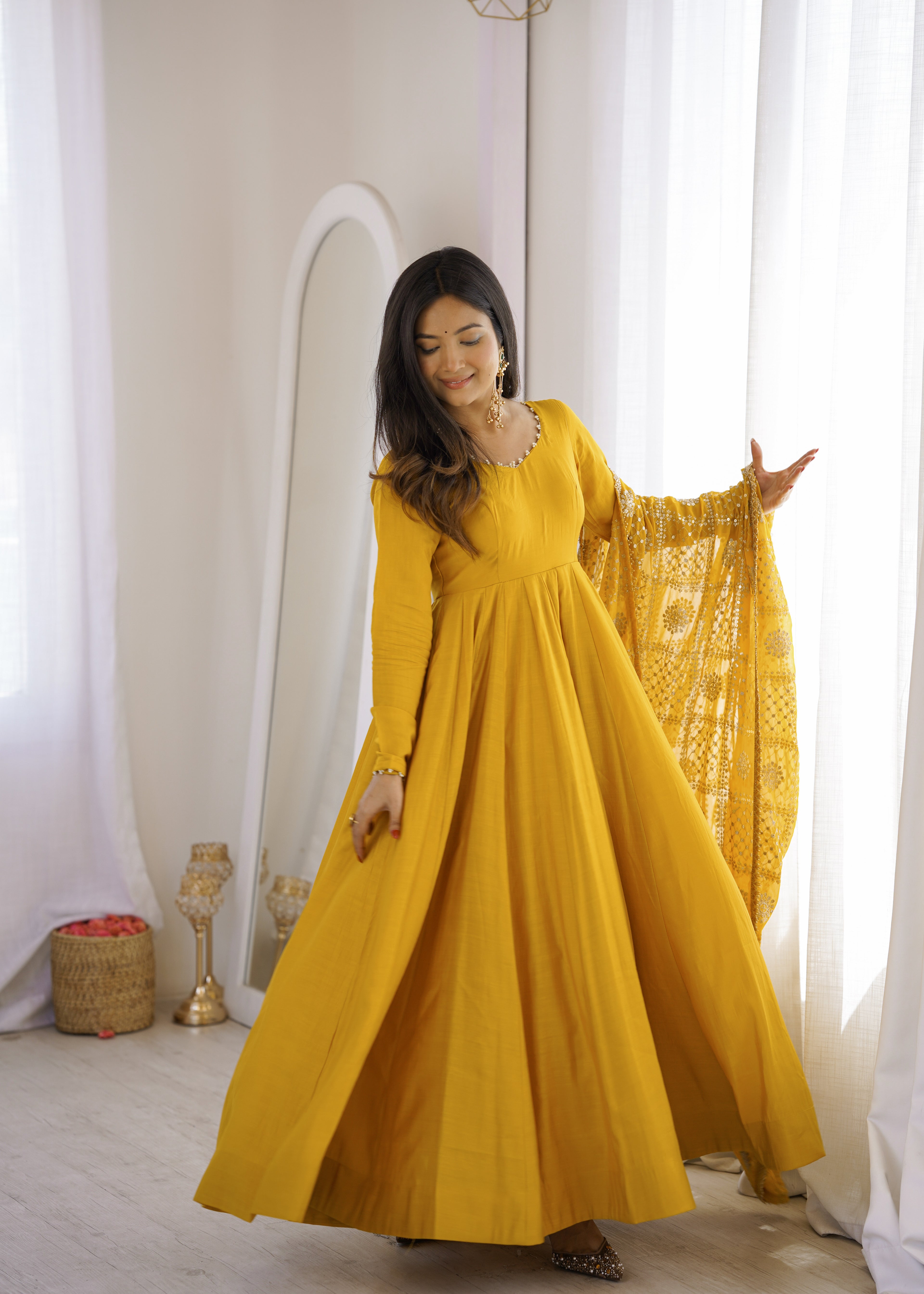 Golden Mustard Floor-Length Anarkali with Flowing Pleated Flair, Embellished Neckline & Statement Dupatta