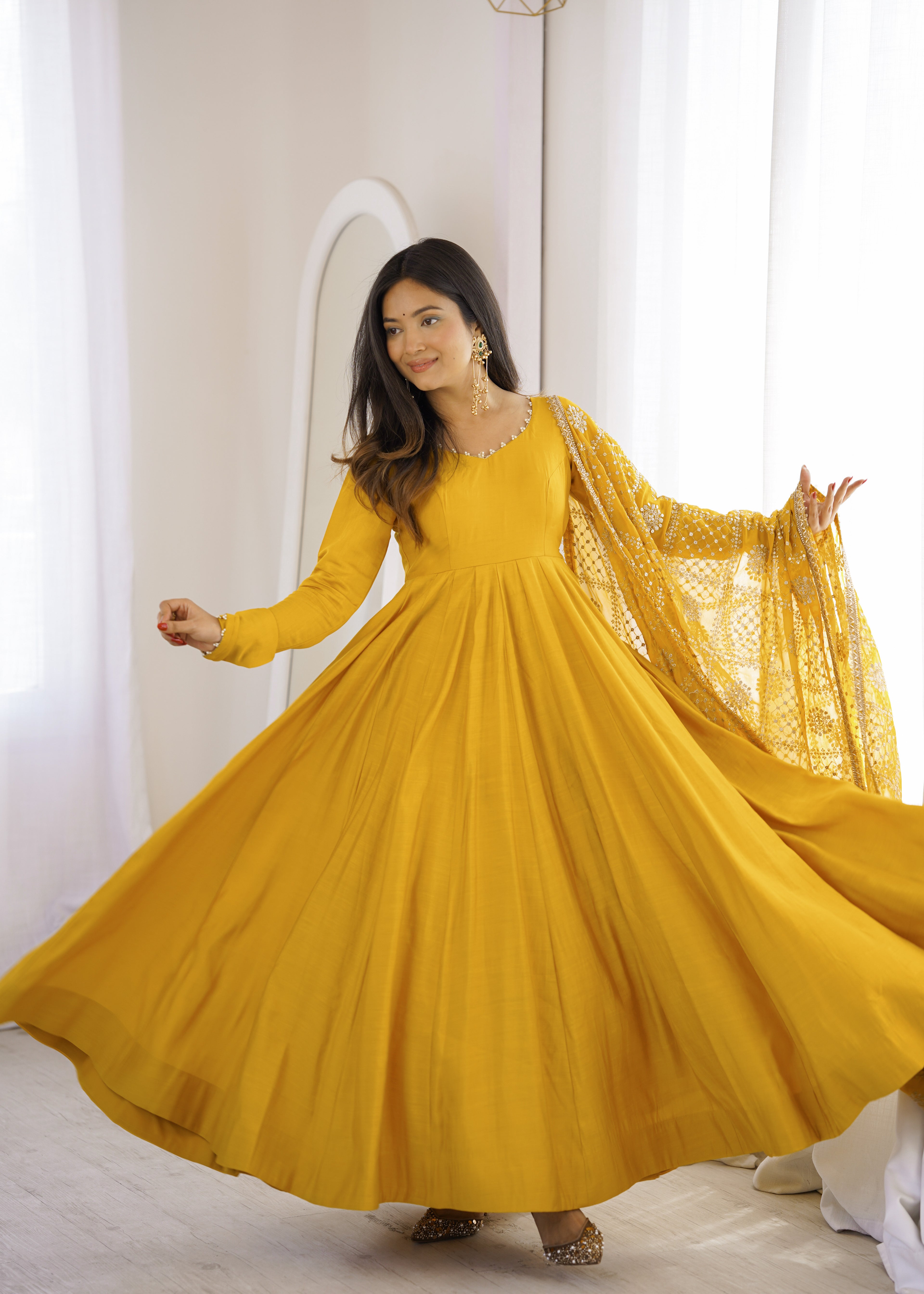 Golden Mustard Floor-Length Anarkali with Flowing Pleated Flair, Embellished Neckline & Statement Dupatta