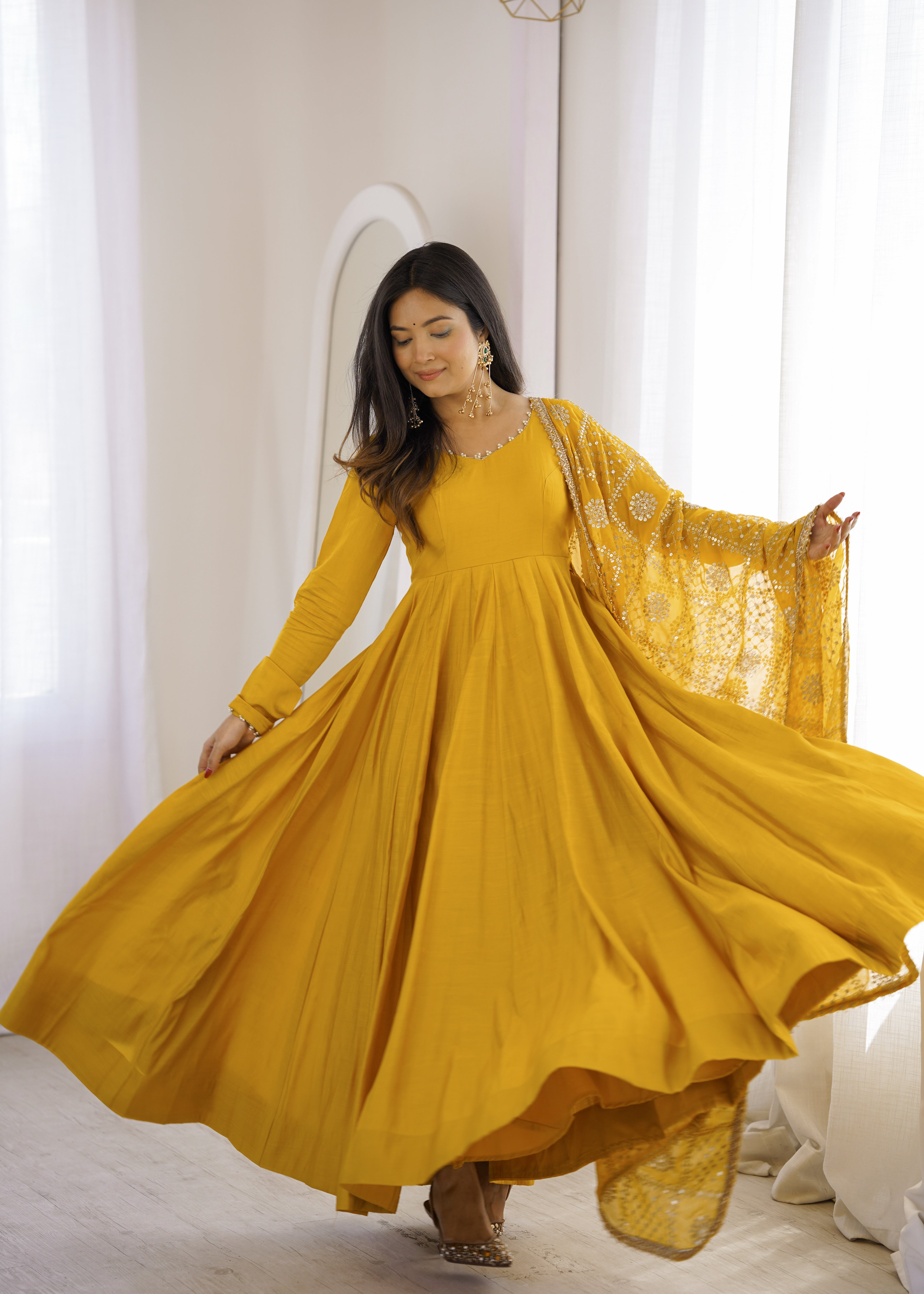 Golden Mustard Floor-Length Anarkali with Flowing Pleated Flair, Embellished Neckline & Statement Dupatta