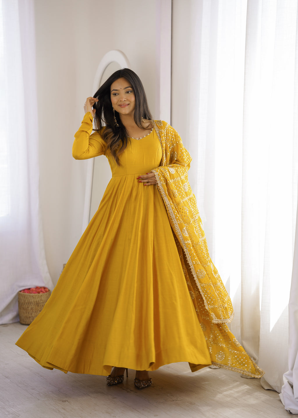 Golden Mustard Floor-Length Anarkali with Flowing Pleated Flair, Embellished Neckline & Statement Dupatta