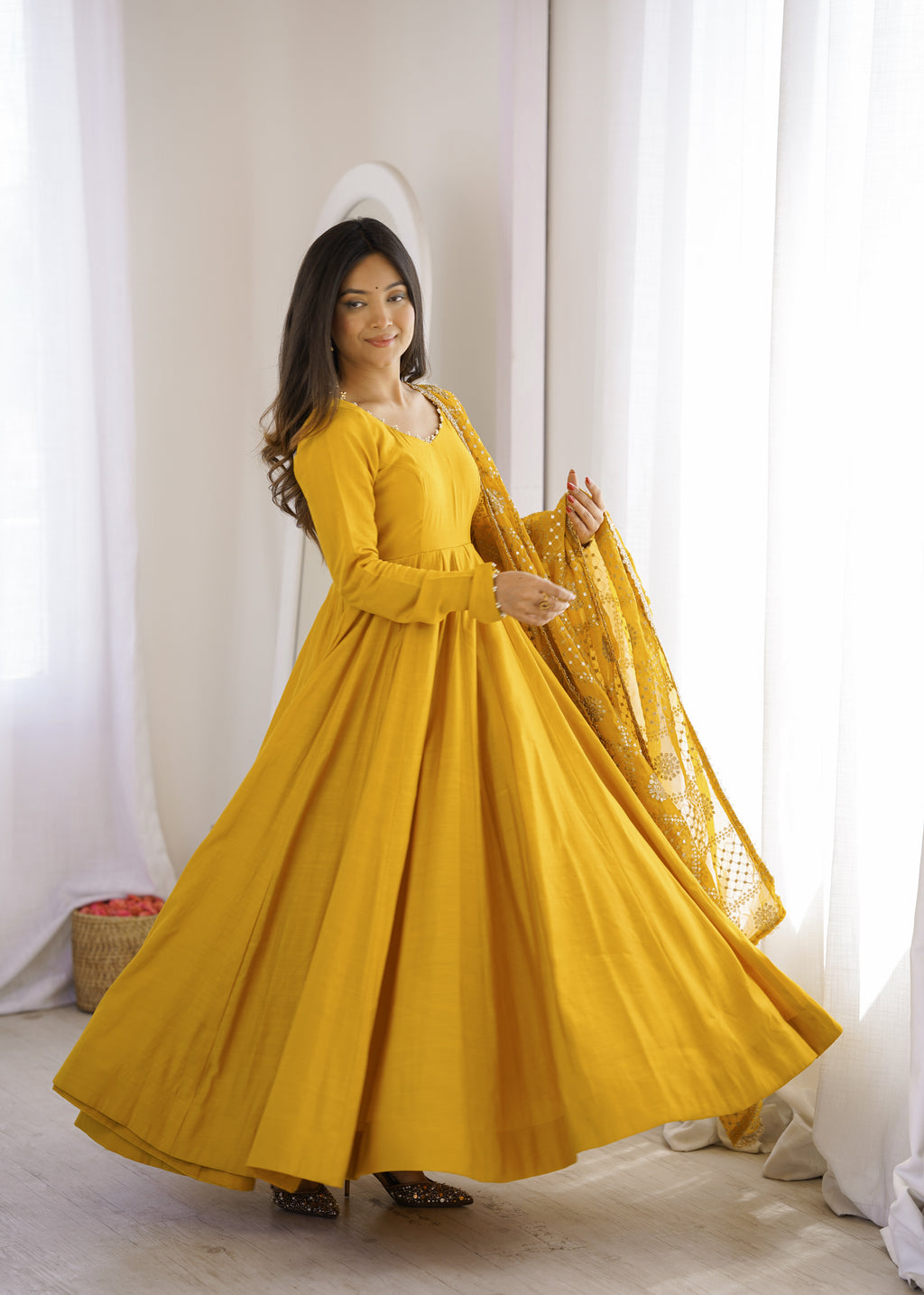 Golden Mustard Floor-Length Anarkali with Flowing Pleated Flair, Embellished Neckline & Statement Dupatta