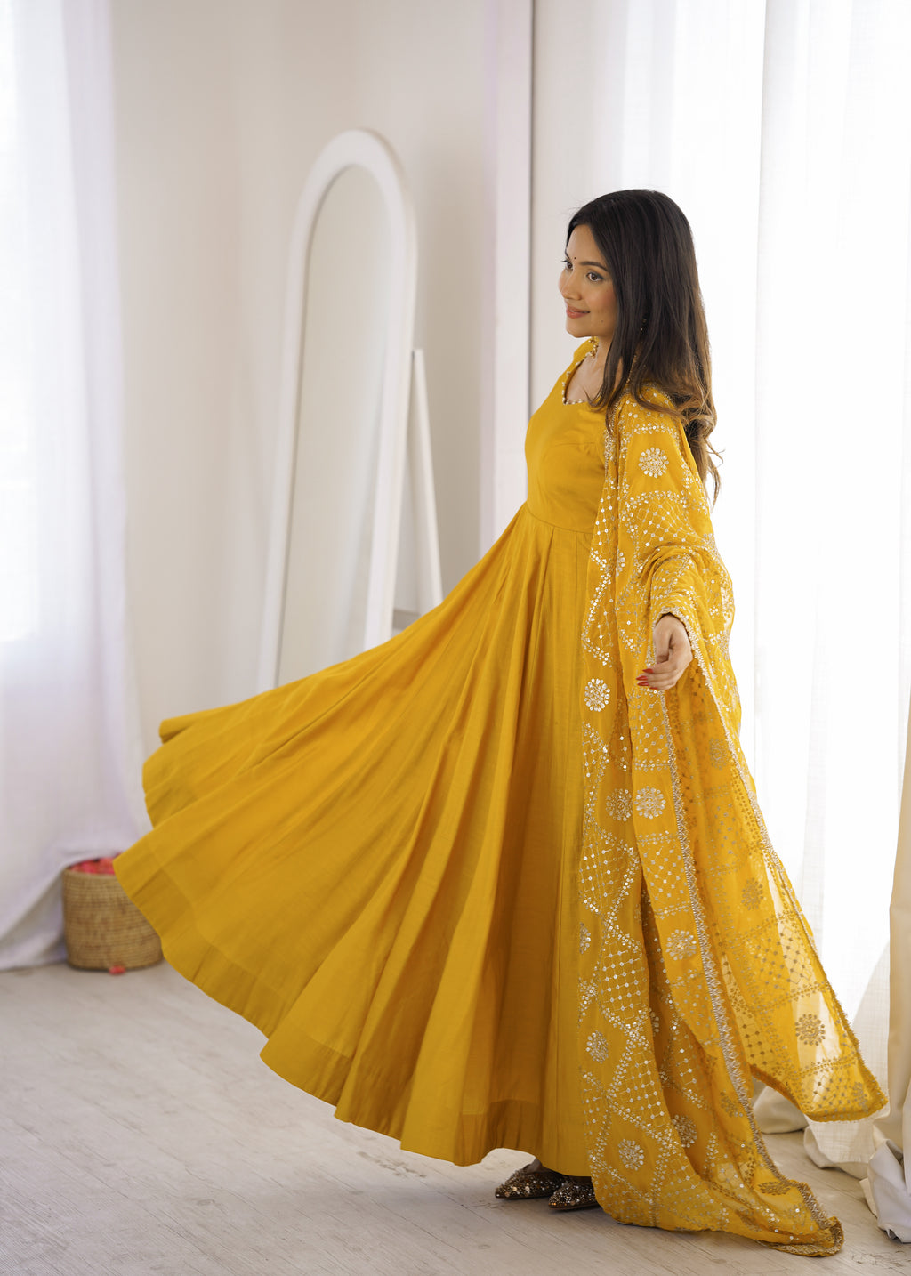 Golden Mustard Floor-Length Anarkali with Flowing Pleated Flair, Embellished Neckline & Statement Dupatta