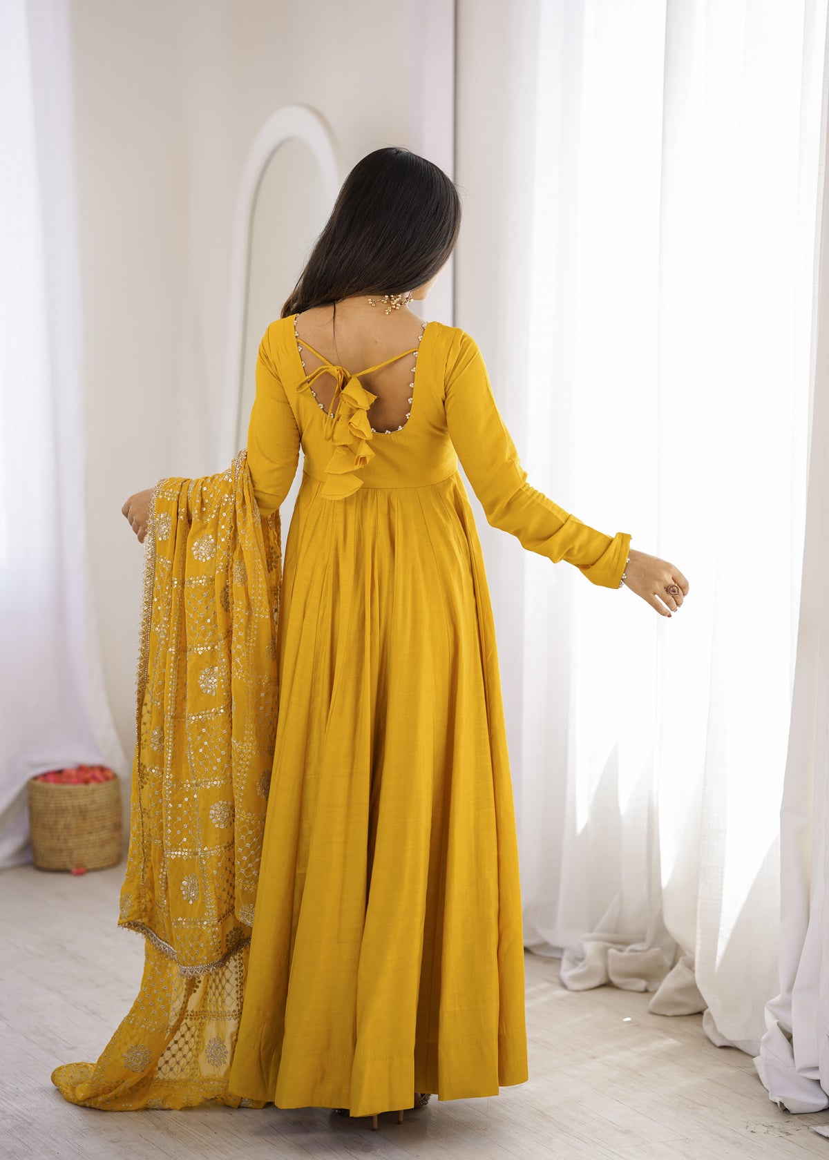 Golden Mustard Floor-Length Anarkali with Flowing Pleated Flair, Embellished Neckline & Statement Dupatta