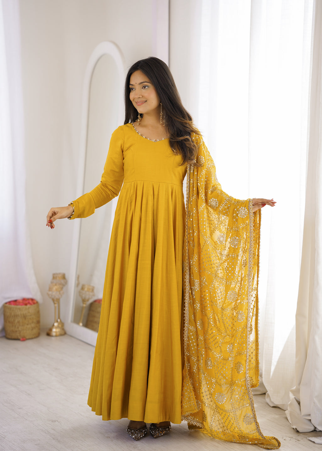 Golden Mustard Floor-Length Anarkali with Flowing Pleated Flair, Embellished Neckline & Statement Dupatta