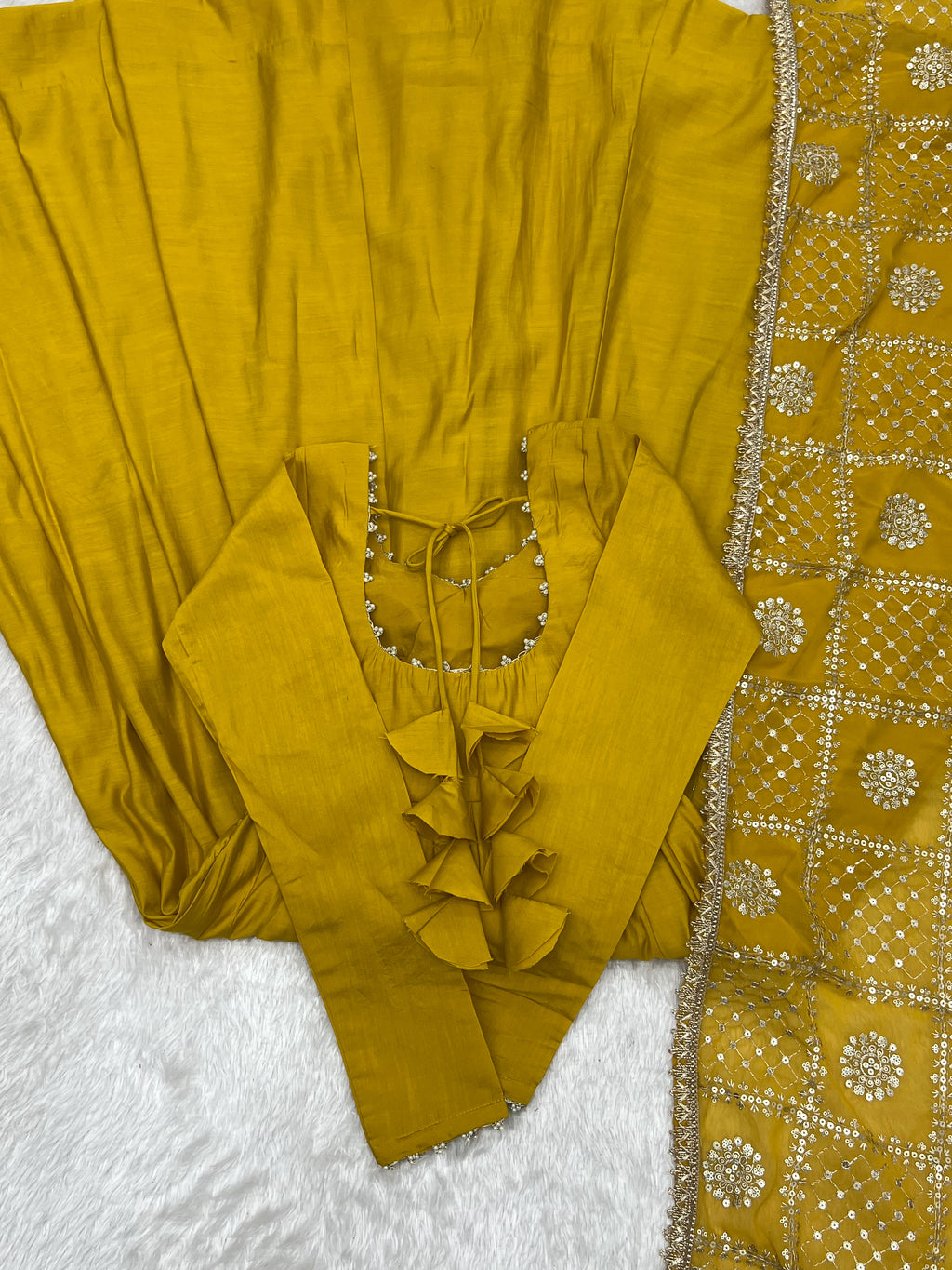Golden Mustard Floor-Length Anarkali with Flowing Pleated Flair, Embellished Neckline & Statement Dupatta