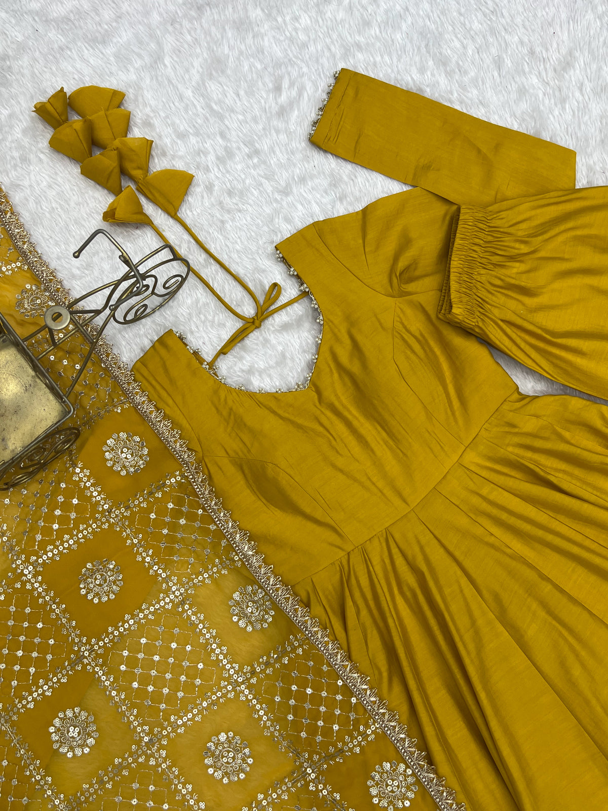 Golden Mustard Floor-Length Anarkali with Flowing Pleated Flair, Embellished Neckline & Statement Dupatta