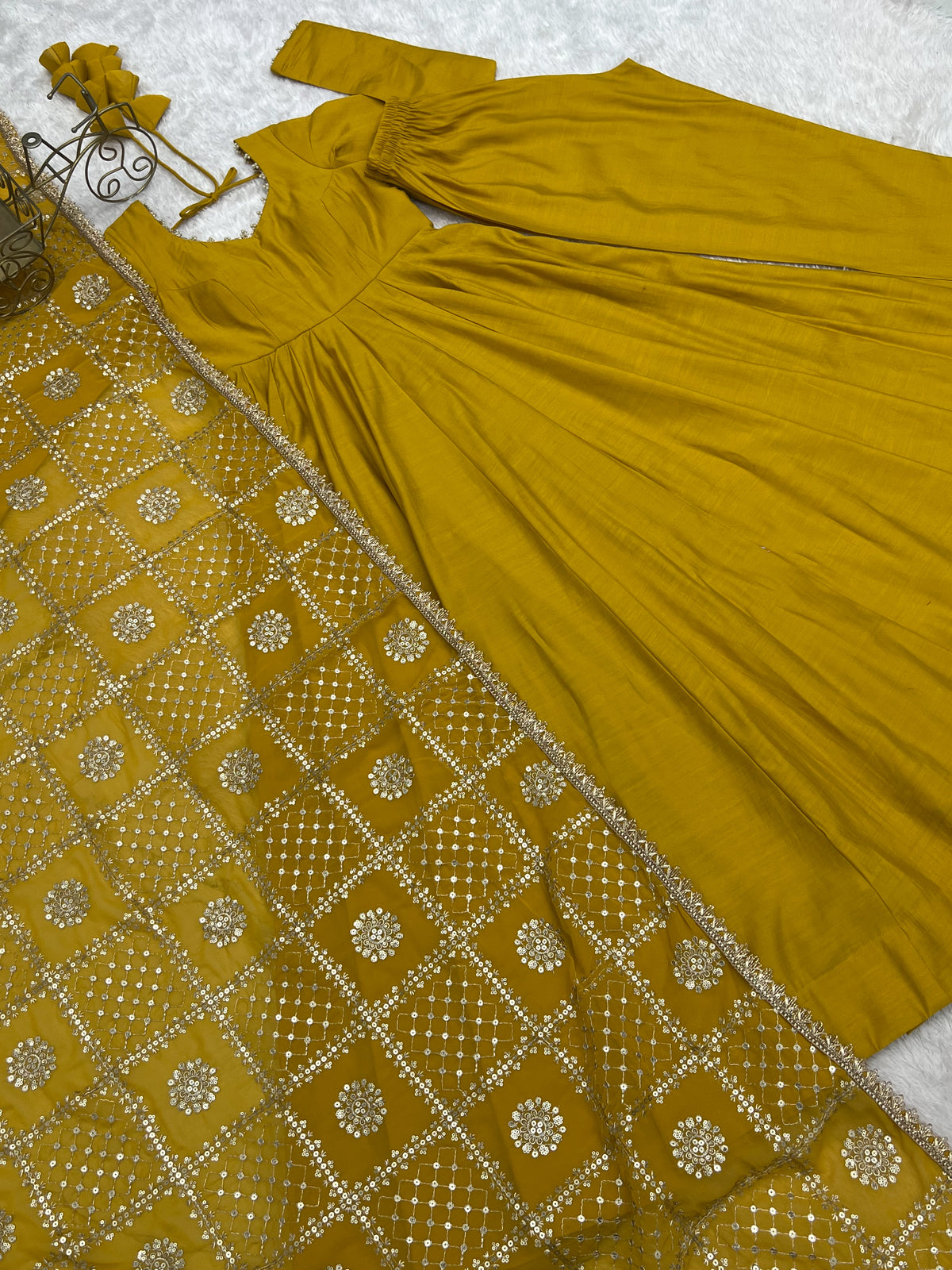 Golden Mustard Floor-Length Anarkali with Flowing Pleated Flair, Embellished Neckline & Statement Dupatta