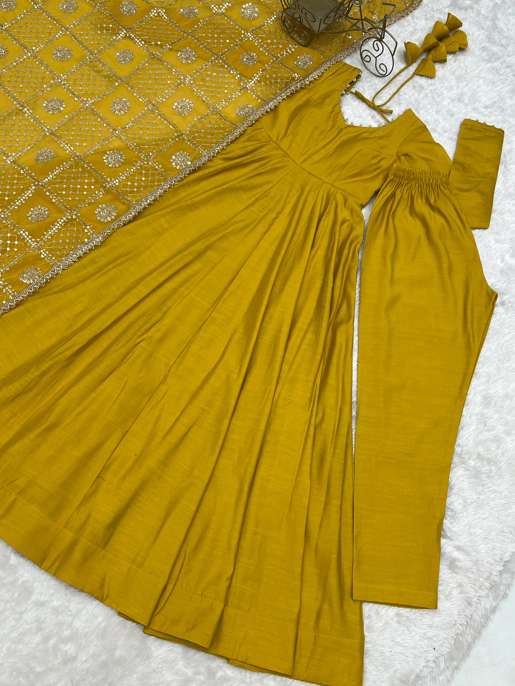 Golden Mustard Floor-Length Anarkali with Flowing Pleated Flair, Embellished Neckline & Statement Dupatta
