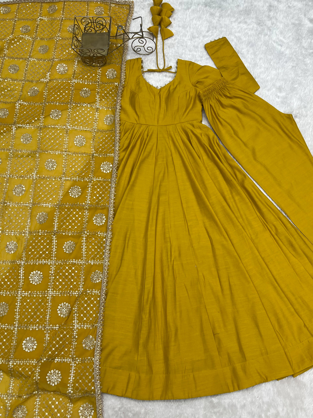 Golden Mustard Floor-Length Anarkali with Flowing Pleated Flair, Embellished Neckline & Statement Dupatta