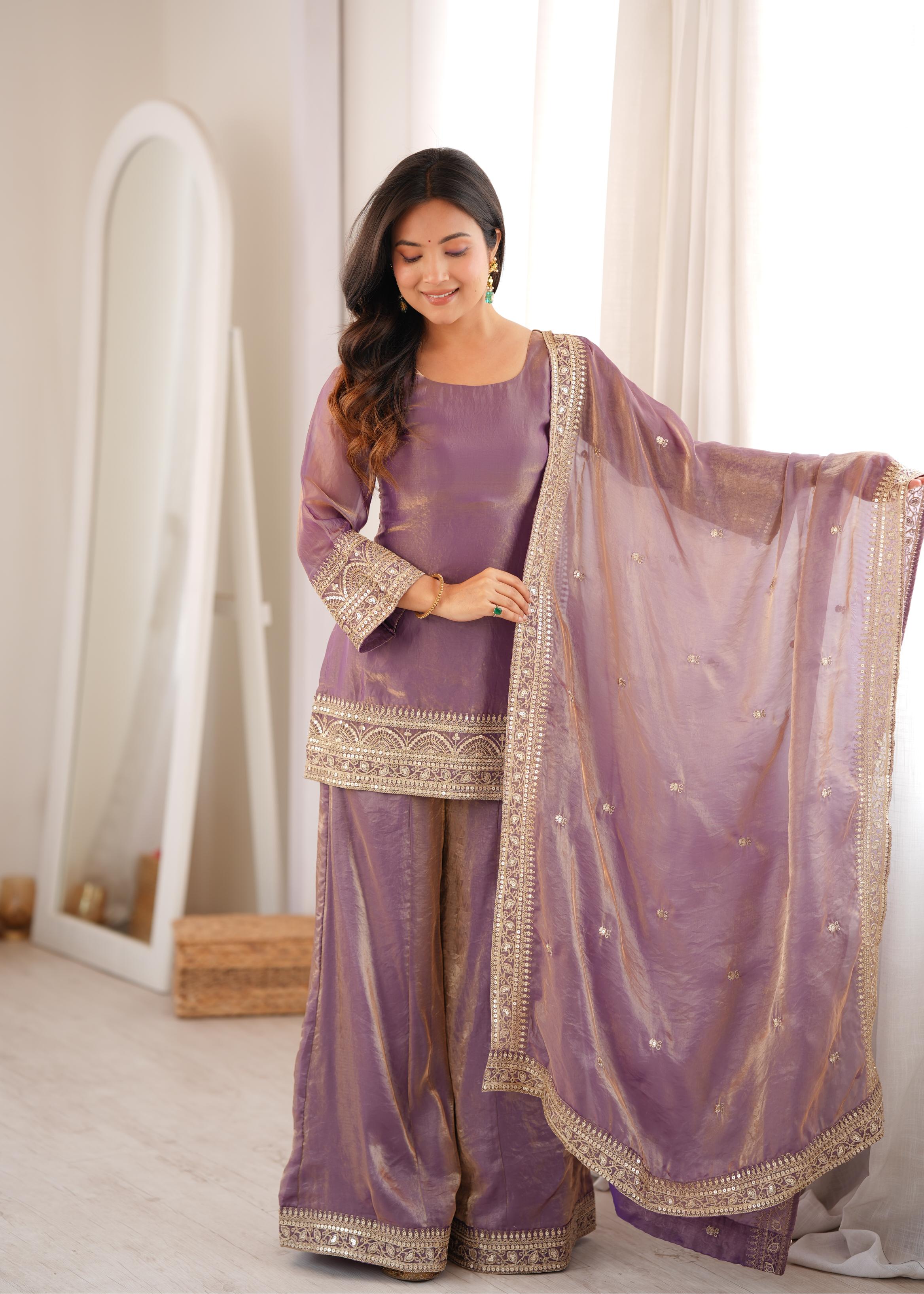 Premium Lavender Purple Embroidered Suit with Designer Gold Work Sleeves, Palazzo Pants & Heavily Border-Embellished Dupatta