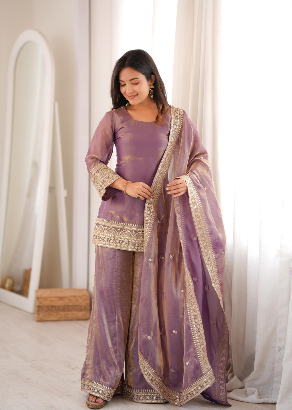 Premium Lavender Purple Embroidered Suit with Designer Gold Work Sleeves, Palazzo Pants & Heavily Border-Embellished Dupatta