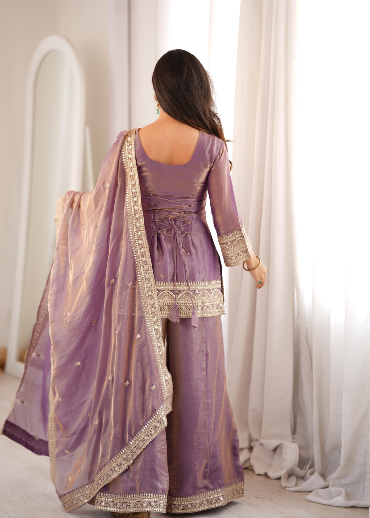 Premium Lavender Purple Embroidered Suit with Designer Gold Work Sleeves, Palazzo Pants & Heavily Border-Embellished Dupatta