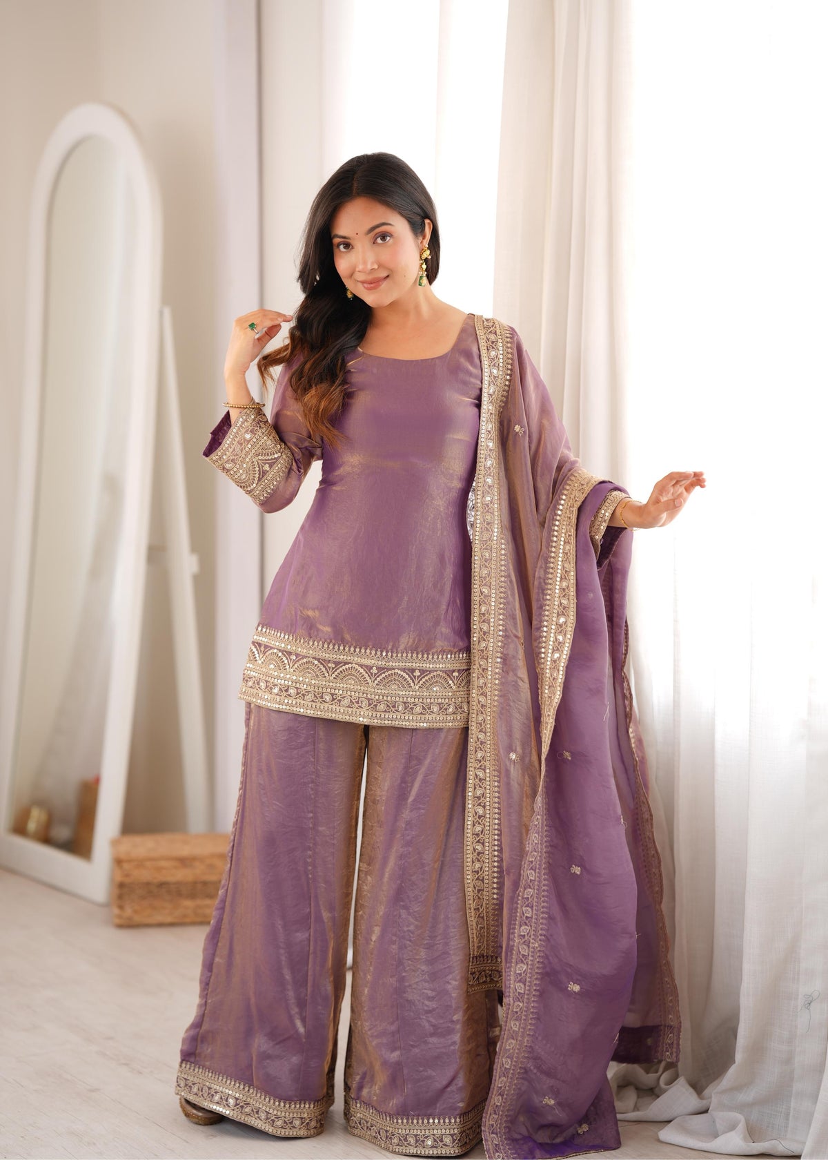 Premium Lavender Purple Embroidered Suit with Designer Gold Work Sleeves, Palazzo Pants & Heavily Border-Embellished Dupatta