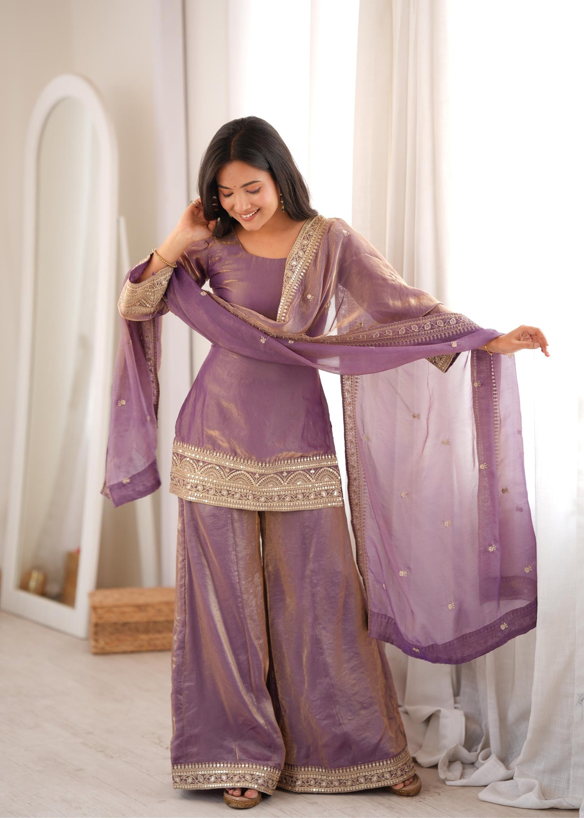 Premium Lavender Purple Embroidered Suit with Designer Gold Work Sleeves, Palazzo Pants & Heavily Border-Embellished Dupatta