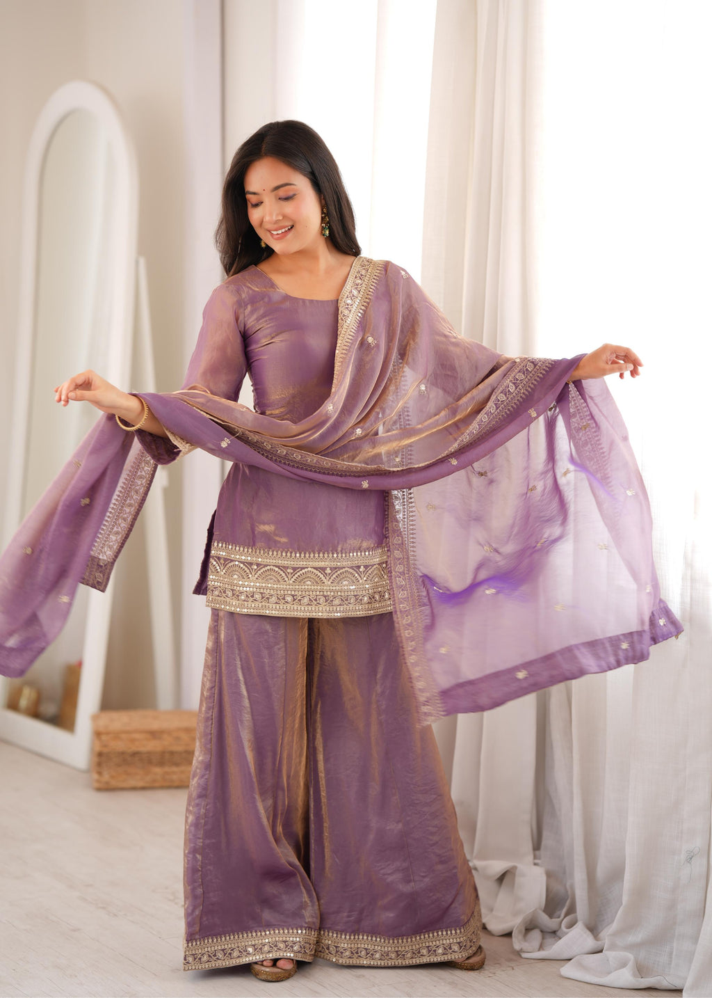 Premium Lavender Purple Embroidered Suit with Designer Gold Work Sleeves, Palazzo Pants & Heavily Border-Embellished Dupatta