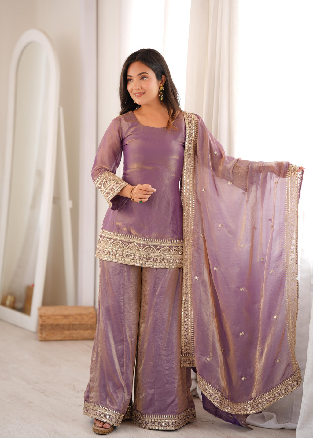Premium Lavender Purple Embroidered Suit with Designer Gold Work Sleeves, Palazzo Pants & Heavily Border-Embellished Dupatta