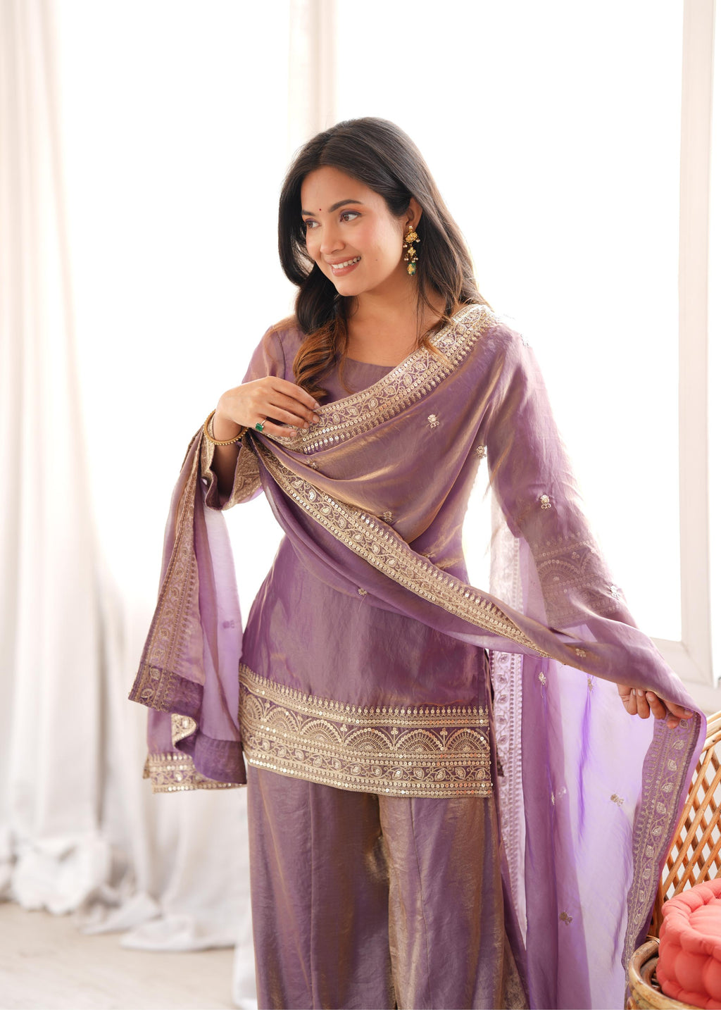 Premium Lavender Purple Embroidered Suit with Designer Gold Work Sleeves, Palazzo Pants & Heavily Border-Embellished Dupatta