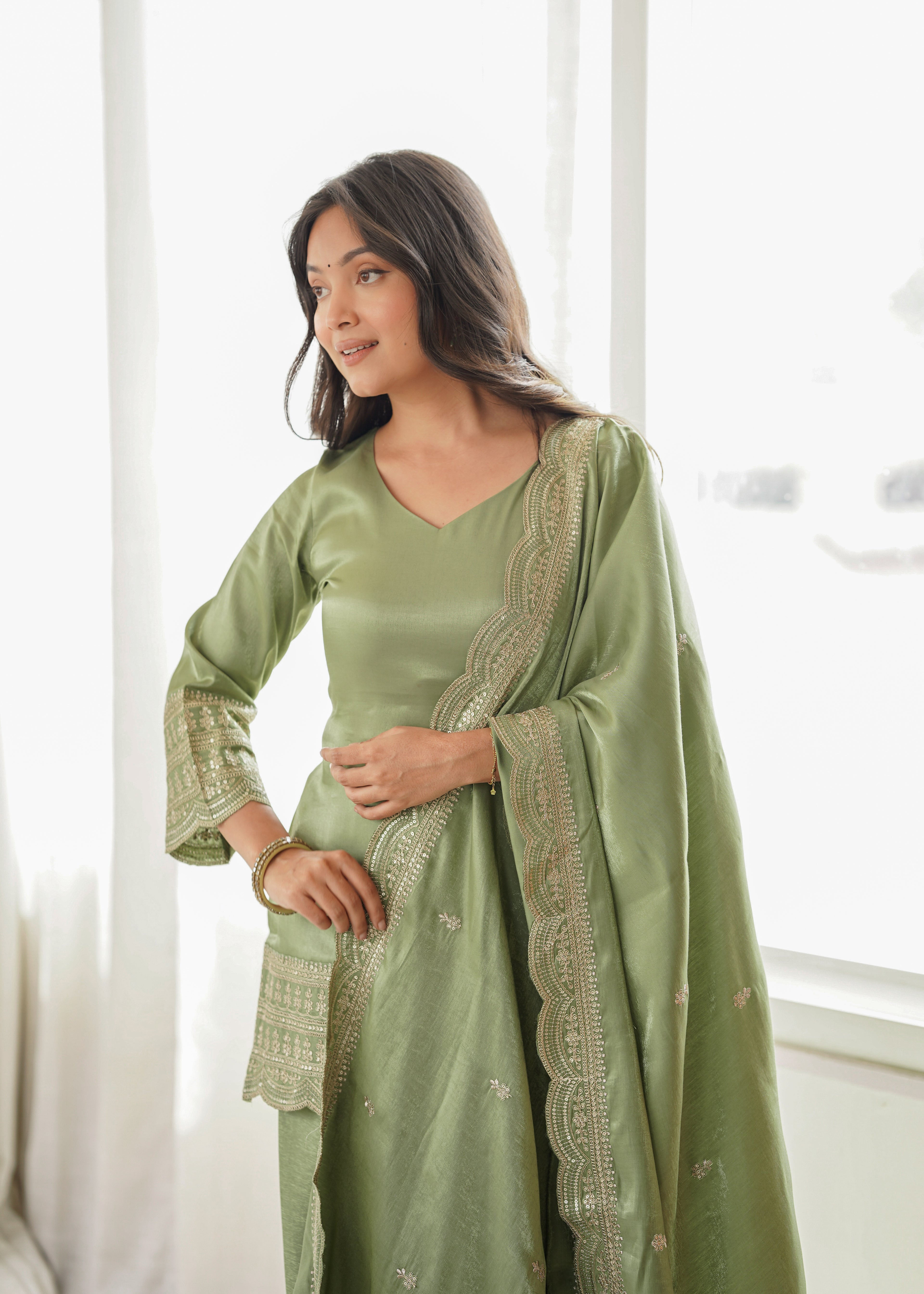 Sage Green Elegance – Embroidered Kurta Palazzo with Designer Dupatta