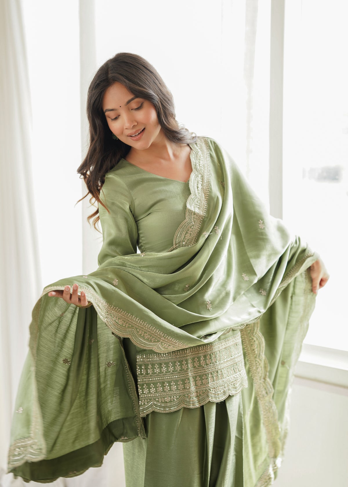 Sage Green Elegance – Embroidered Kurta Palazzo with Designer Dupatta