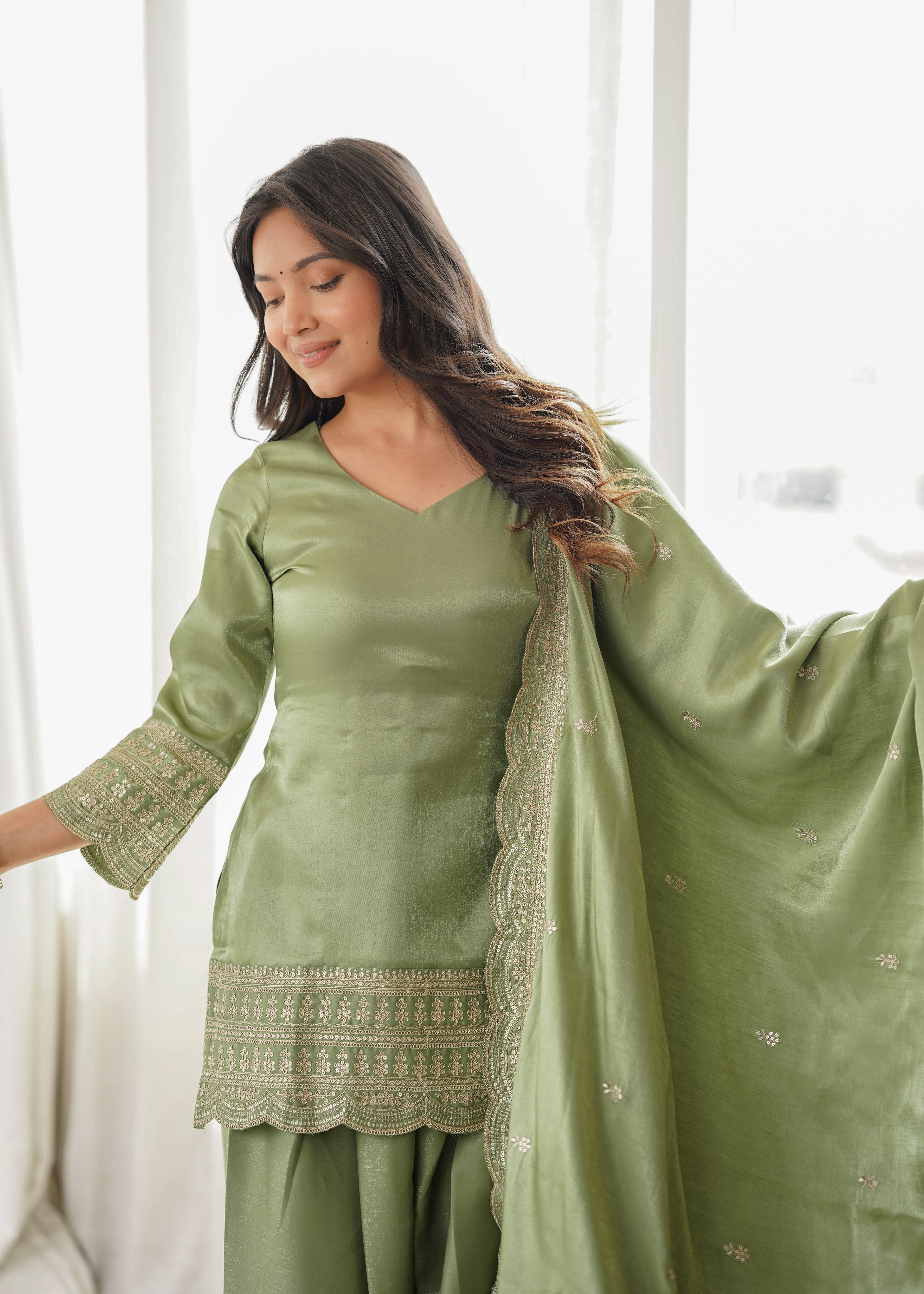 Sage Green Elegance – Embroidered Kurta Palazzo with Designer Dupatta